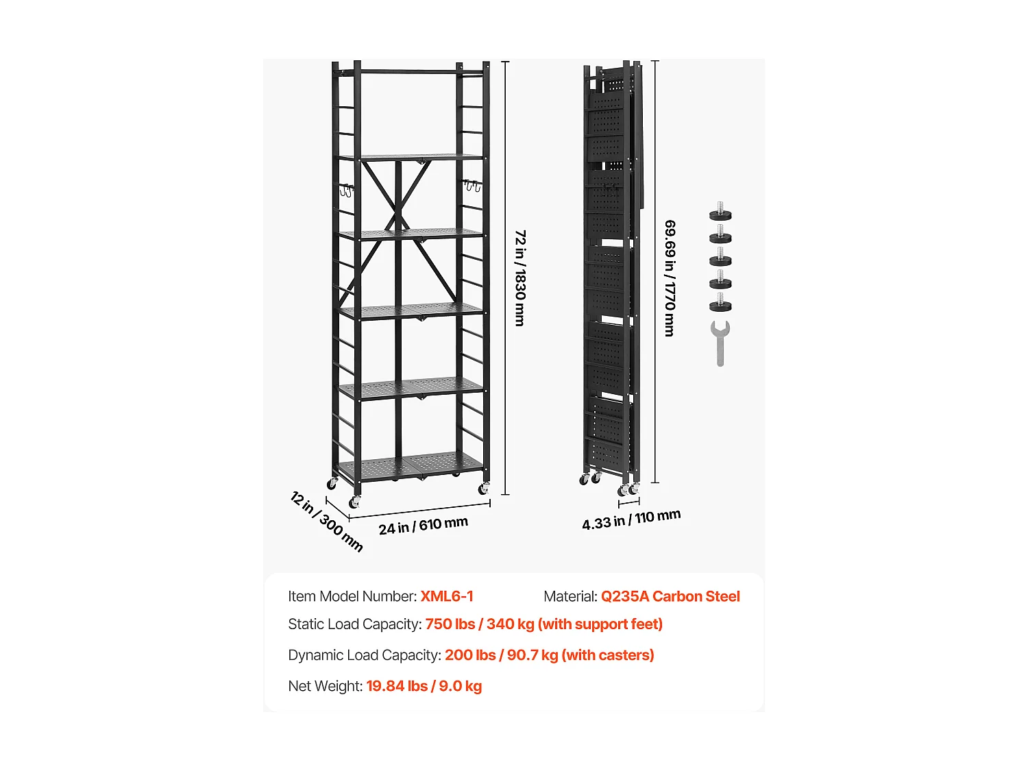 Estante Plegable SucceBuy Estantería Plegable Móvil de 6 Niveles, 61 x 30 x 183 cm, Fabricada en Metal Resistente, con una Capacidad Estática de 340 kg