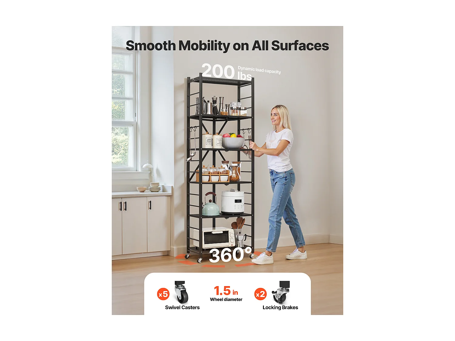 Estante Plegable SucceBuy Estantería Plegable Móvil de 6 Niveles, 61 x 30 x 183 cm, Fabricada en Metal Resistente, con una Capacidad Estática de 340 kg