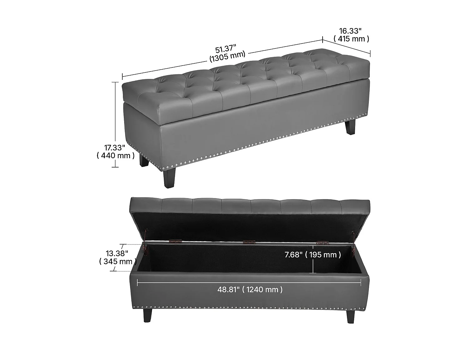 Bettbank Succebuy 1305 mm PU-Leder-Sitztruhe mit Stauraum und Holzbeinen, Gepolsterte Bank, Ideal für Schlafzimmer, Eingangsbereich, Wohnzimmer, Grau