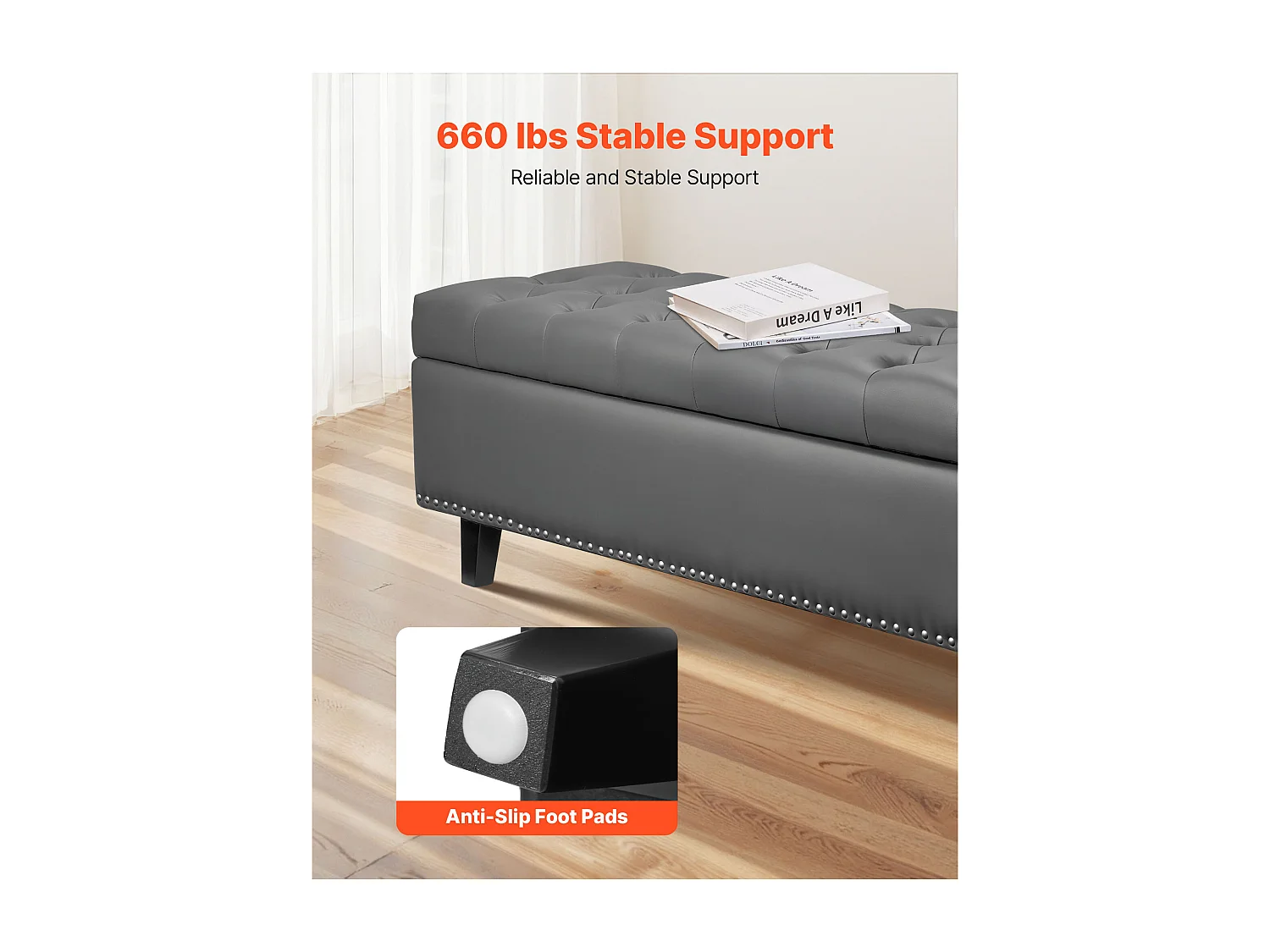 Bettbank Succebuy 1305 mm PU-Leder-Sitztruhe mit Stauraum und Holzbeinen, Gepolsterte Bank, Ideal für Schlafzimmer, Eingangsbereich, Wohnzimmer, Grau