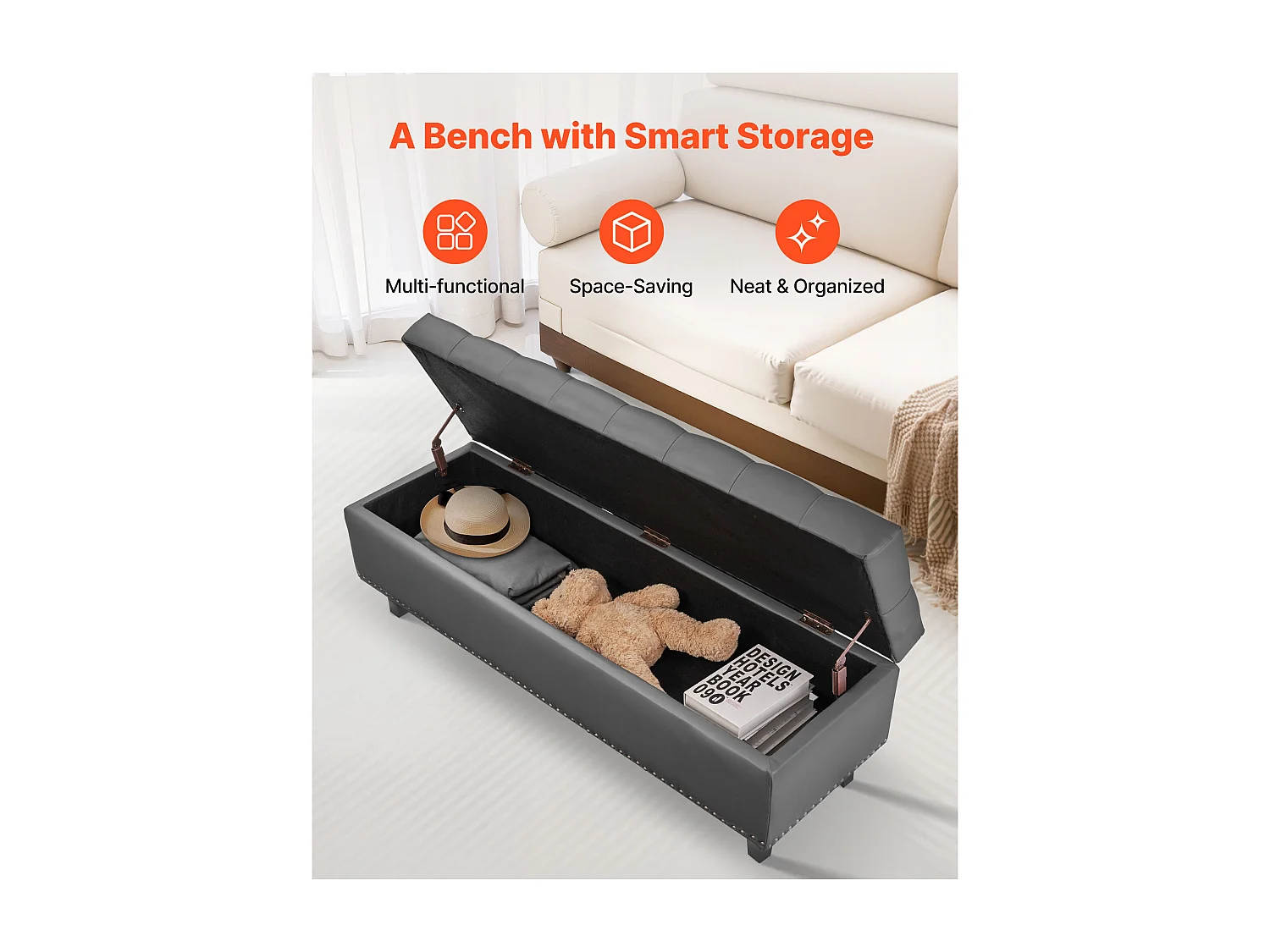 Bettbank Succebuy 1305 mm PU-Leder-Sitztruhe mit Stauraum und Holzbeinen, Gepolsterte Bank, Ideal für Schlafzimmer, Eingangsbereich, Wohnzimmer, Grau