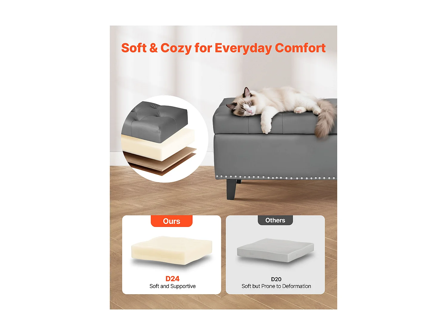 Bettbank Succebuy 1305 mm PU-Leder-Sitztruhe mit Stauraum und Holzbeinen, Gepolsterte Bank, Ideal für Schlafzimmer, Eingangsbereich, Wohnzimmer, Grau
