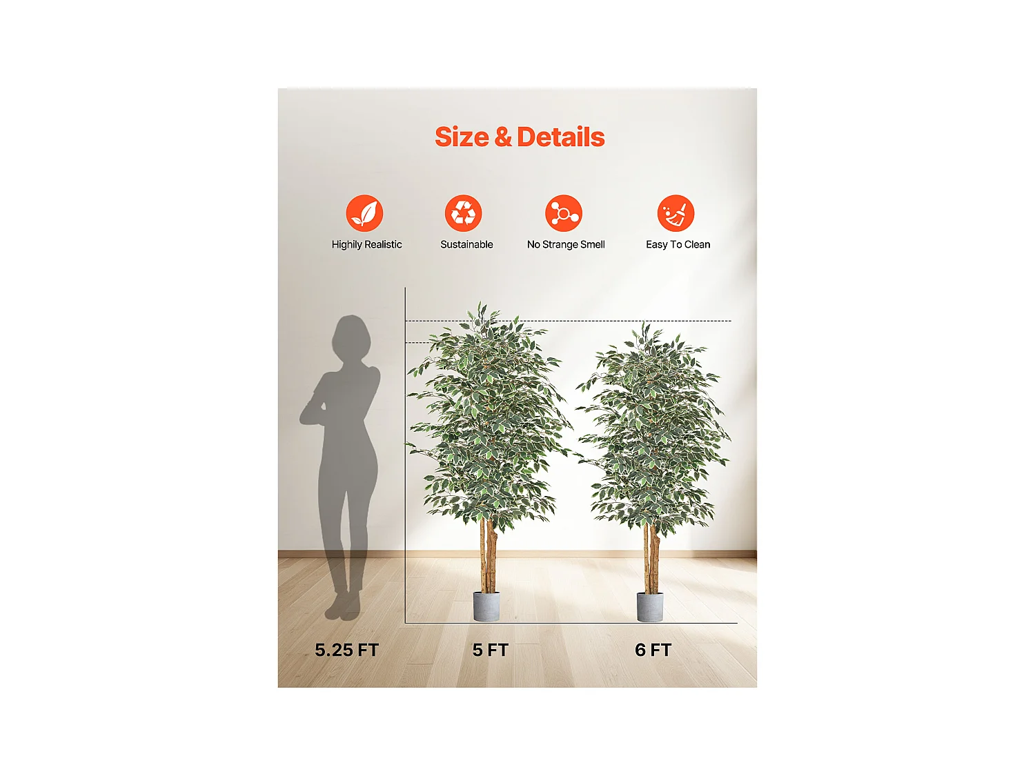 Künstliche Bäume SucceBuy 180 cm Kunst-Ficus mit Schwarzem Topf, Große Kunstpflanze mit Natürlichem Holzstamm und Naturgetreuem Grünen Blättern