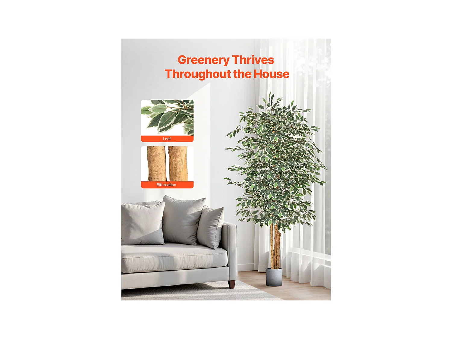 Künstliche Bäume SucceBuy 180 cm Kunst-Ficus mit Schwarzem Topf, Große Kunstpflanze mit Natürlichem Holzstamm und Naturgetreuem Grünen Blättern