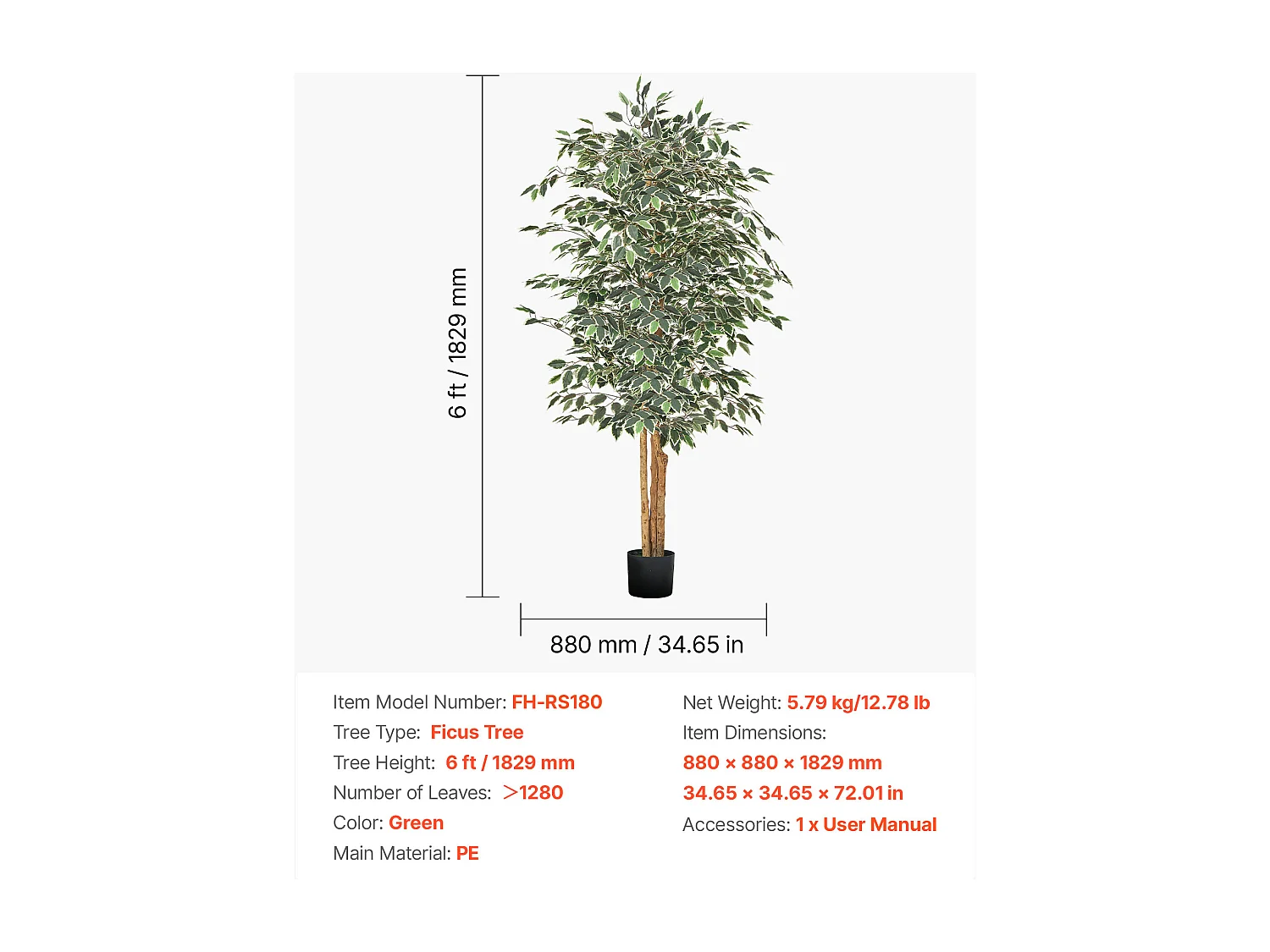 Arbres Artificiel SucceBuy Ficus Artificiel de 180 cm avec Pot Noir, Grande Plante Artificielle avec Tronc en Bois Naturel et Feuillage Vert Réaliste