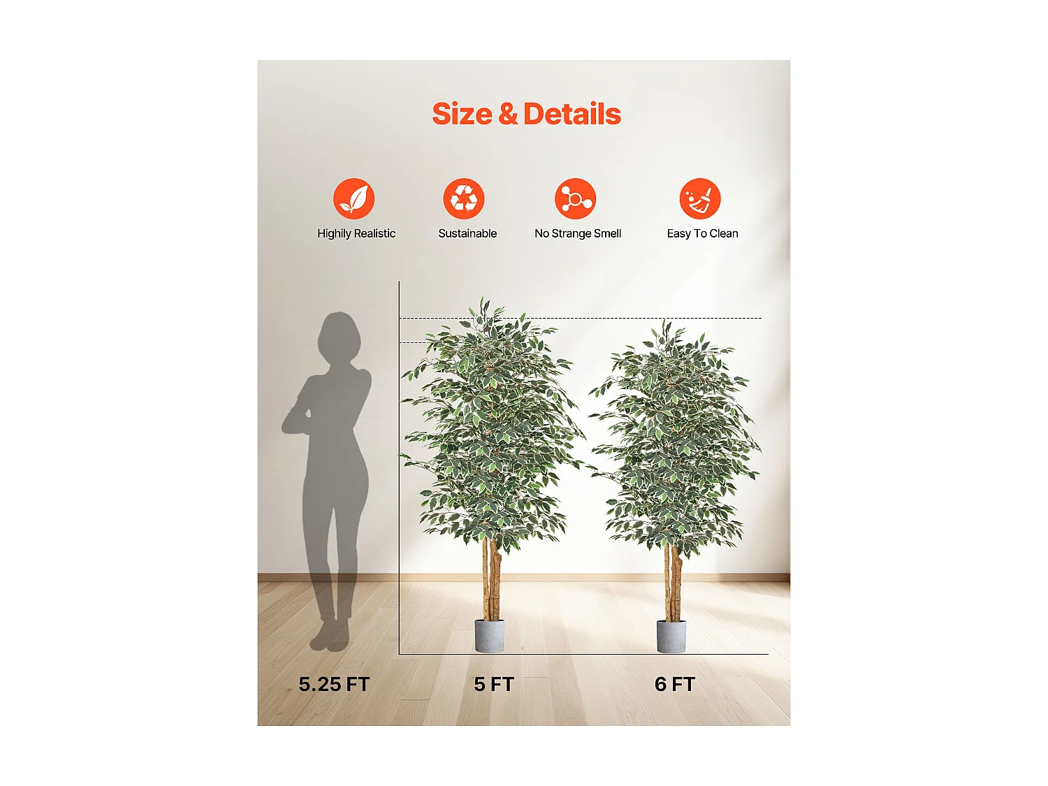 Arbres Artificiel SucceBuy Ficus Artificiel de 180 cm avec Pot Noir, Grande Plante Artificielle avec Tronc en Bois Naturel et Feuillage Vert Réaliste