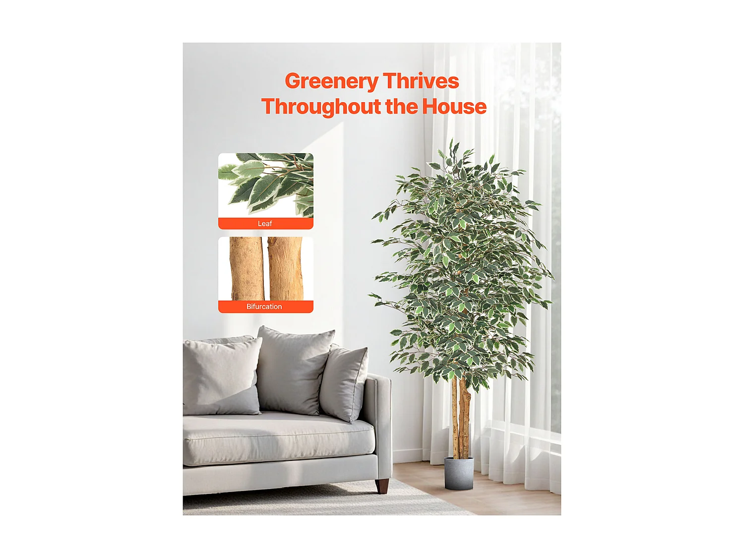 Arbres Artificiel SucceBuy Ficus Artificiel de 180 cm avec Pot Noir, Grande Plante Artificielle avec Tronc en Bois Naturel et Feuillage Vert Réaliste