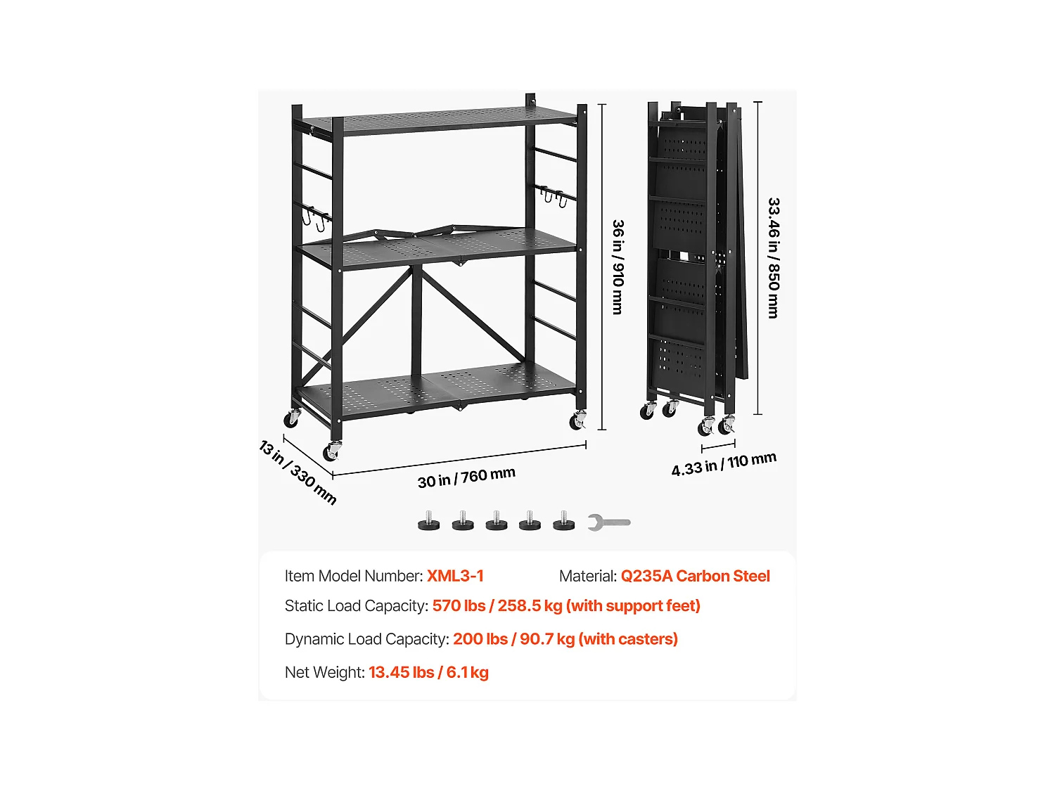 Estante Plegable SucceBuy Estantería Plegable de 3 Niveles, 76 x 33 x 91 cm, Metal Resistente, con 5 Ruedas y 4 Ganchos, para Cocina, Despensa. Color Negro