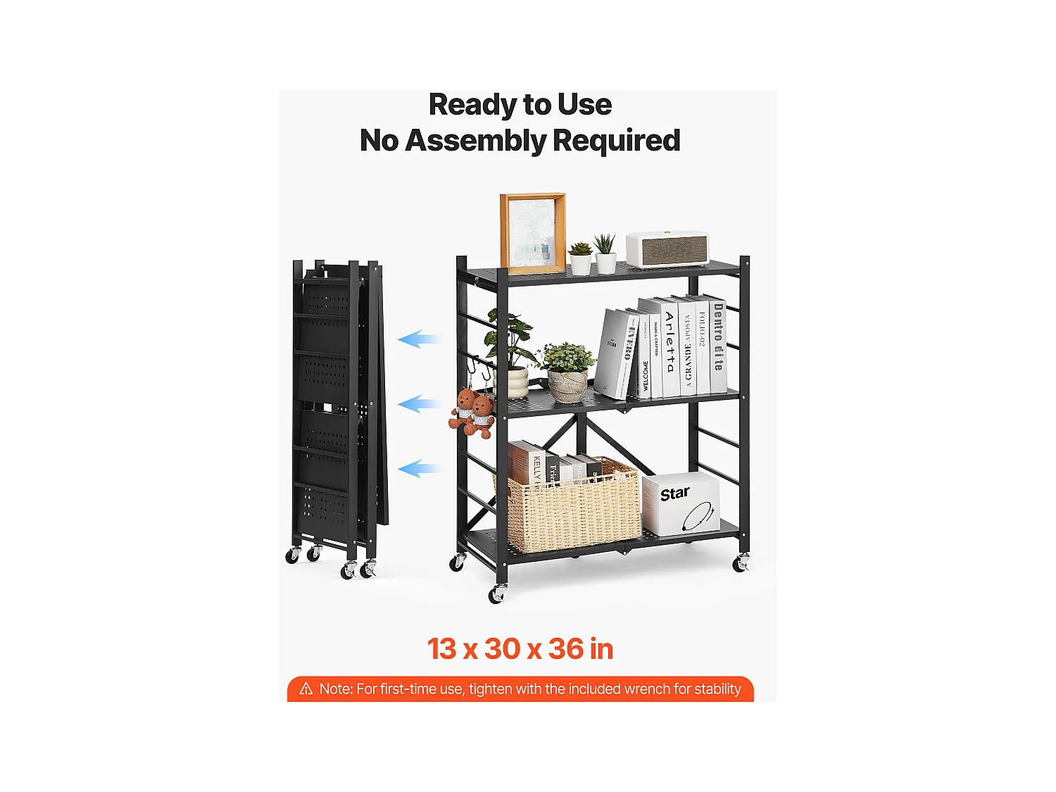 Estante Plegable SucceBuy Estantería Plegable de 3 Niveles, 76 x 33 x 91 cm, Metal Resistente, con 5 Ruedas y 4 Ganchos, para Cocina, Despensa. Color Negro