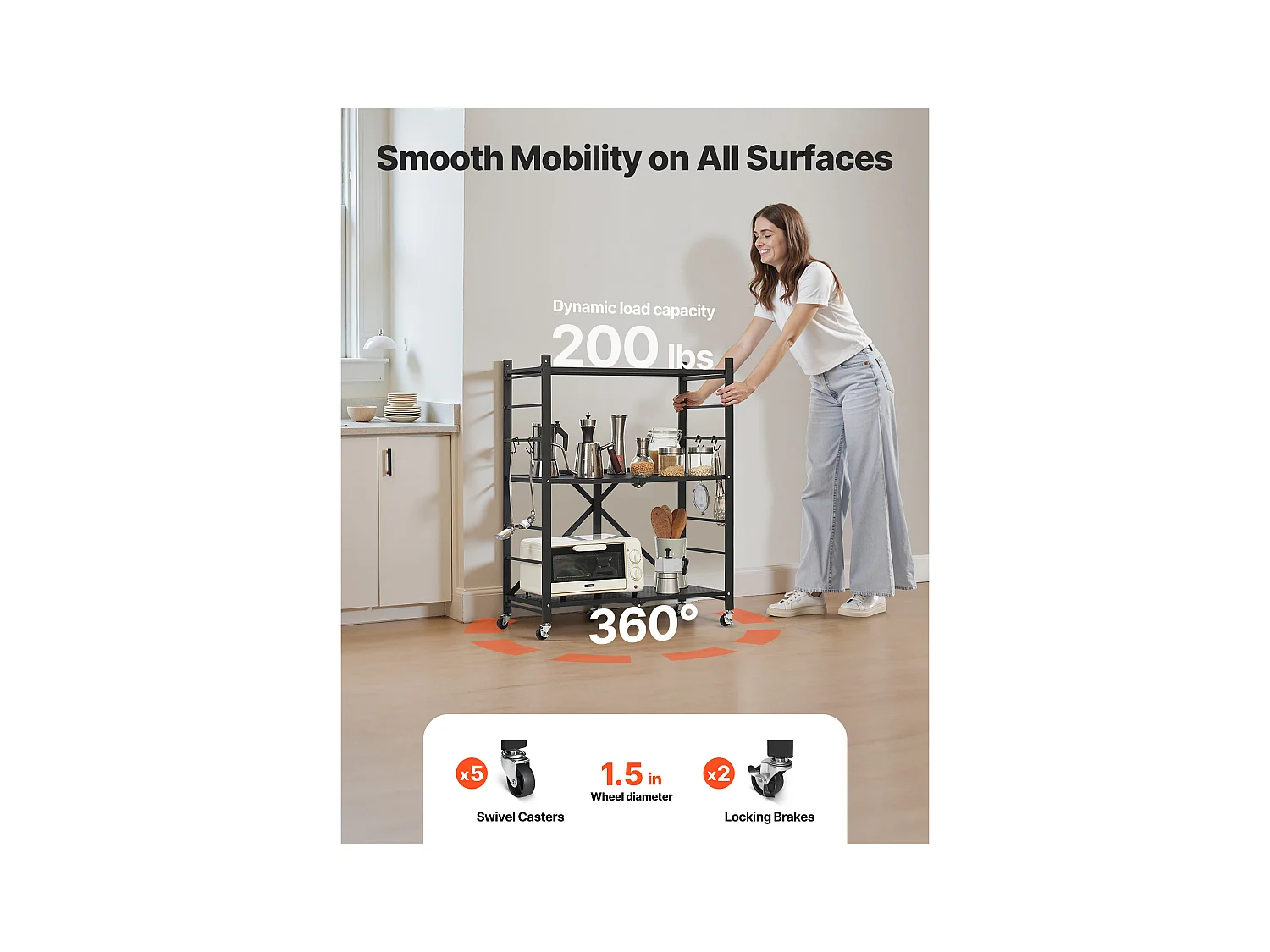 Estante Plegable SucceBuy Estantería Plegable de 3 Niveles, 76 x 33 x 91 cm, Metal Resistente, con 5 Ruedas y 4 Ganchos, para Cocina, Despensa. Color Negro