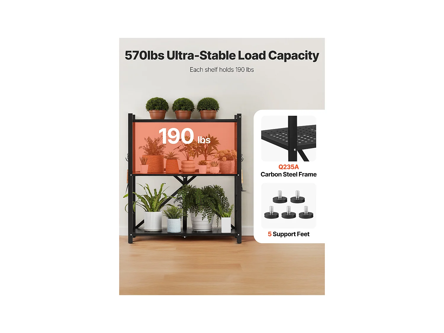 Estante Plegable SucceBuy Estantería Plegable de 3 Niveles, 76 x 33 x 91 cm, Metal Resistente, con 5 Ruedas y 4 Ganchos, para Cocina, Despensa. Color Negro