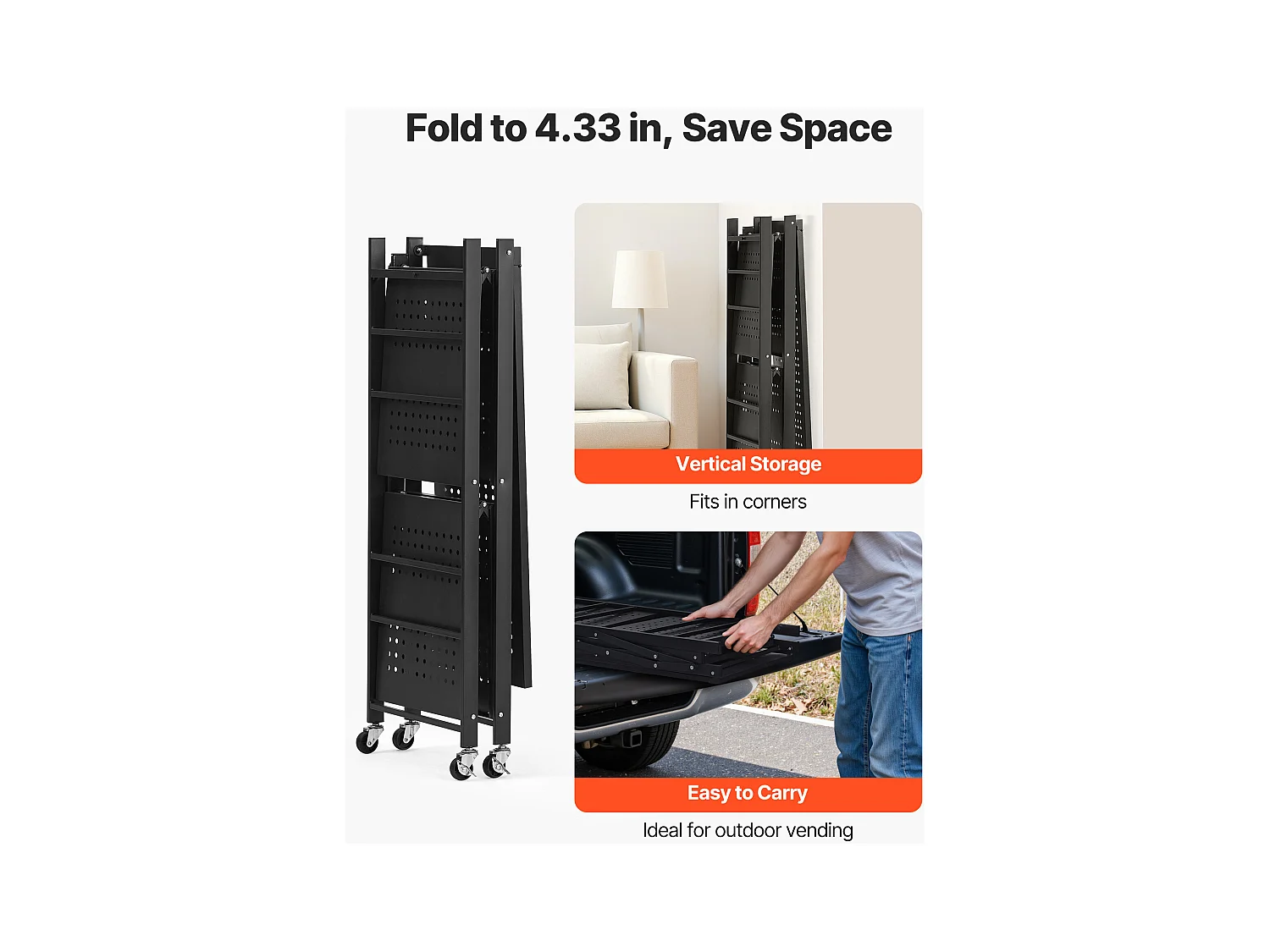 Estante Plegable SucceBuy Estantería Plegable de 3 Niveles, 76 x 33 x 91 cm, Metal Resistente, con 5 Ruedas y 4 Ganchos, para Cocina, Despensa. Color Negro