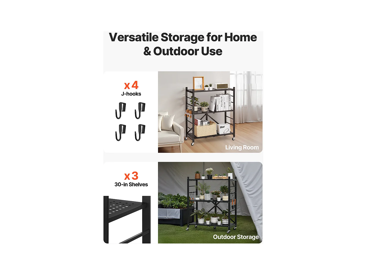 Estante Plegable SucceBuy Estantería Plegable de 3 Niveles, 76 x 33 x 91 cm, Metal Resistente, con 5 Ruedas y 4 Ganchos, para Cocina, Despensa. Color Negro