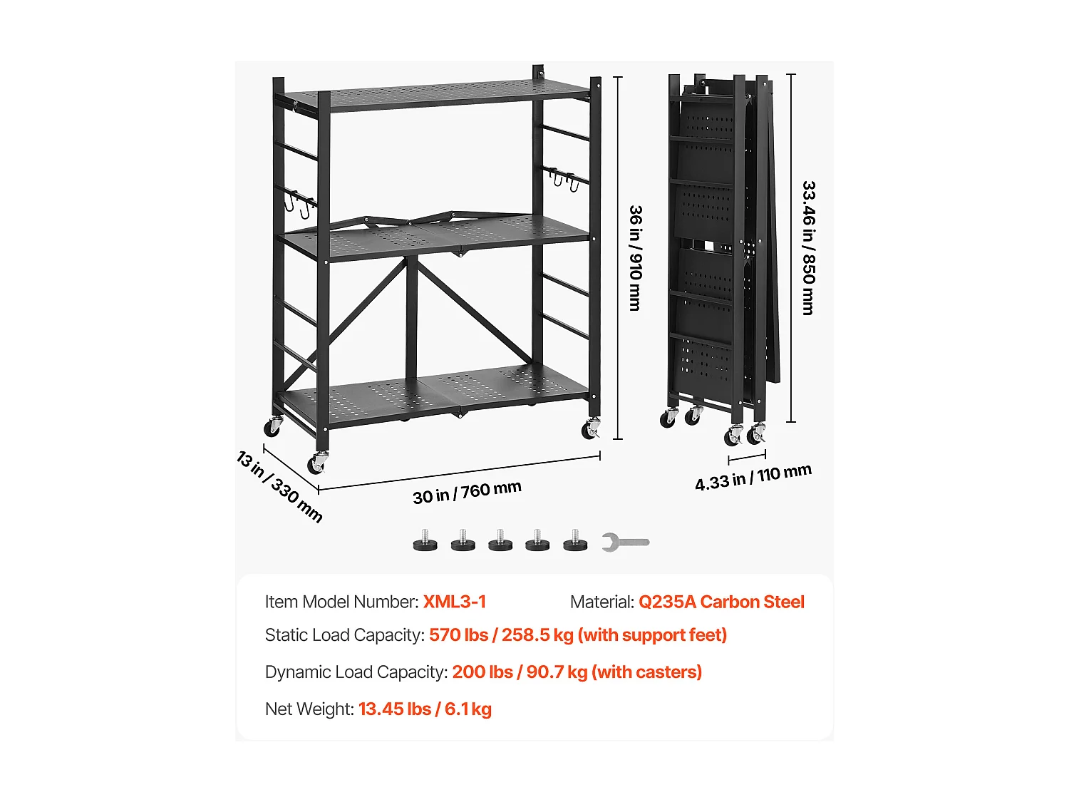 Etagère Pliable SucceBuy Étagère de Rangement Pliable à 3 Niveaux, 76 x 33 x 91 cm, en Métal, Durable, avec 5 Roulettes et 4 Crochets, pour Garde-Manger, Noir