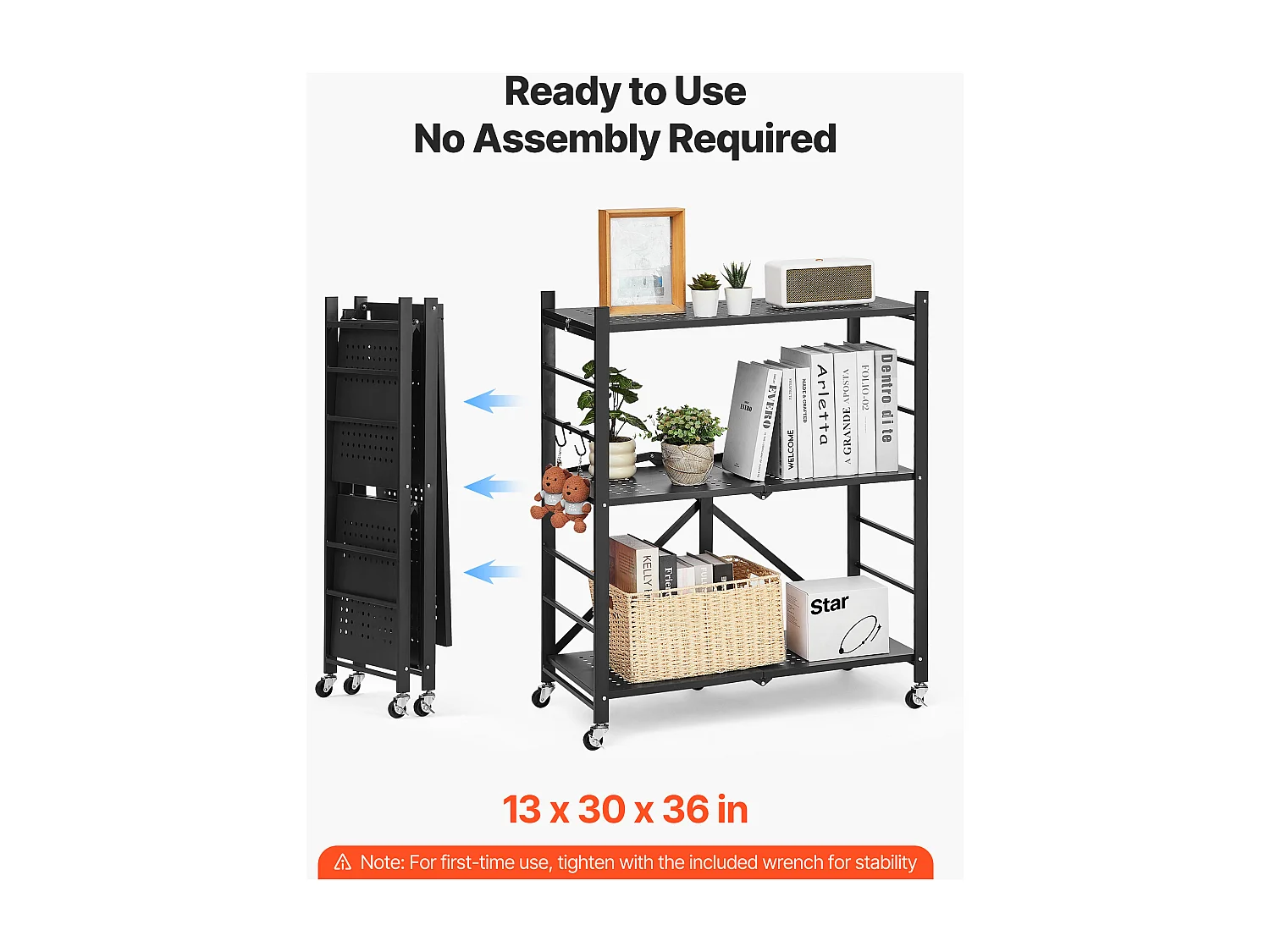 Etagère Pliable SucceBuy Étagère de Rangement Pliable à 3 Niveaux, 76 x 33 x 91 cm, en Métal, Durable, avec 5 Roulettes et 4 Crochets, pour Garde-Manger, Noir