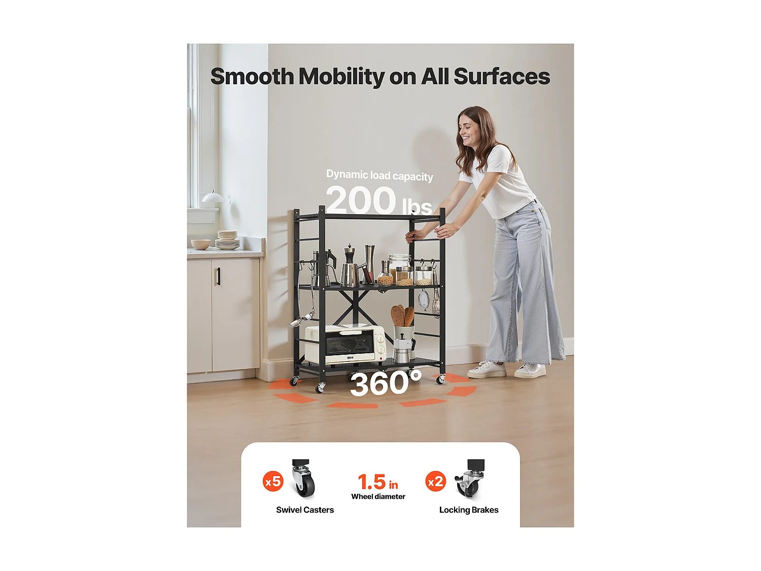 Etagère Pliable SucceBuy Étagère de Rangement Pliable à 3 Niveaux, 76 x 33 x 91 cm, en Métal, Durable, avec 5 Roulettes et 4 Crochets, pour Garde-Manger, Noir