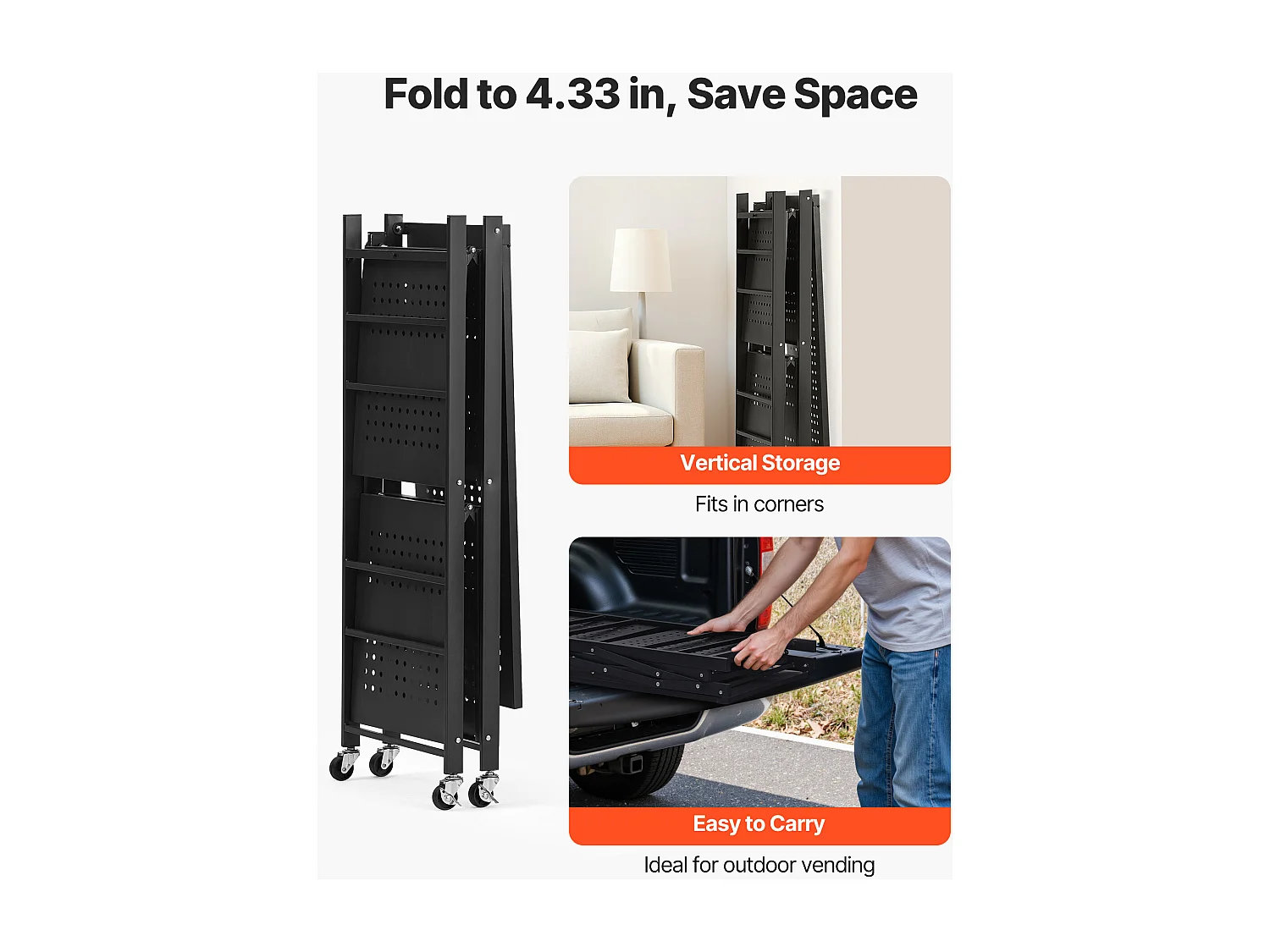 Etagère Pliable SucceBuy Étagère de Rangement Pliable à 3 Niveaux, 76 x 33 x 91 cm, en Métal, Durable, avec 5 Roulettes et 4 Crochets, pour Garde-Manger, Noir