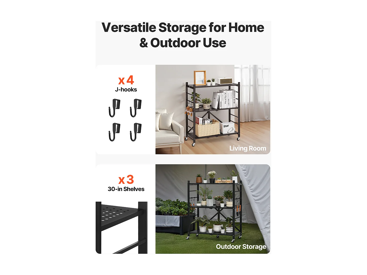 Etagère Pliable SucceBuy Étagère de Rangement Pliable à 3 Niveaux, 76 x 33 x 91 cm, en Métal, Durable, avec 5 Roulettes et 4 Crochets, pour Garde-Manger, Noir