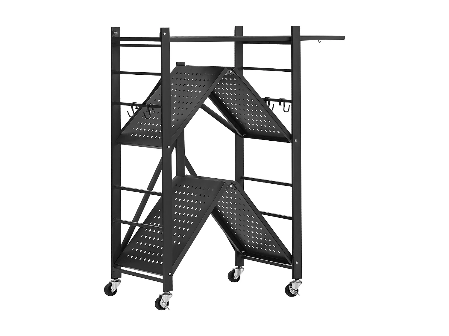 Etagère Pliable SucceBuy Étagère de Rangement Pliable à 3 Niveaux, 76 x 33 x 91 cm, en Métal, Durable, avec 5 Roulettes et 4 Crochets, pour Garde-Manger, Noir