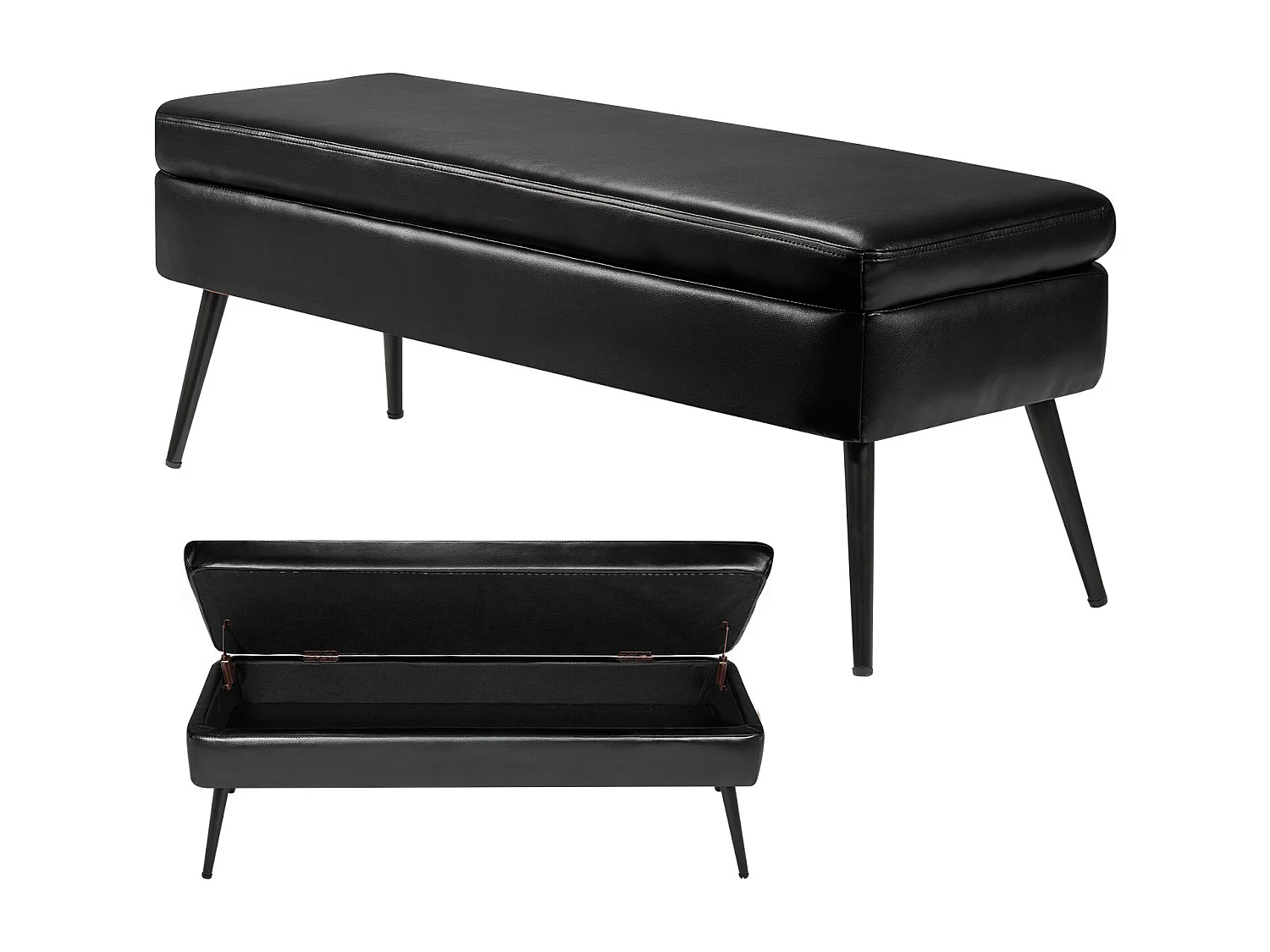 Banc Bout de Lit Succebuy Banc Coffre en Cuir PU de 120 cm avec Rangement et Pieds en Métal, Banquette Élégante pour Chambre, Entrée, Salon, Noir