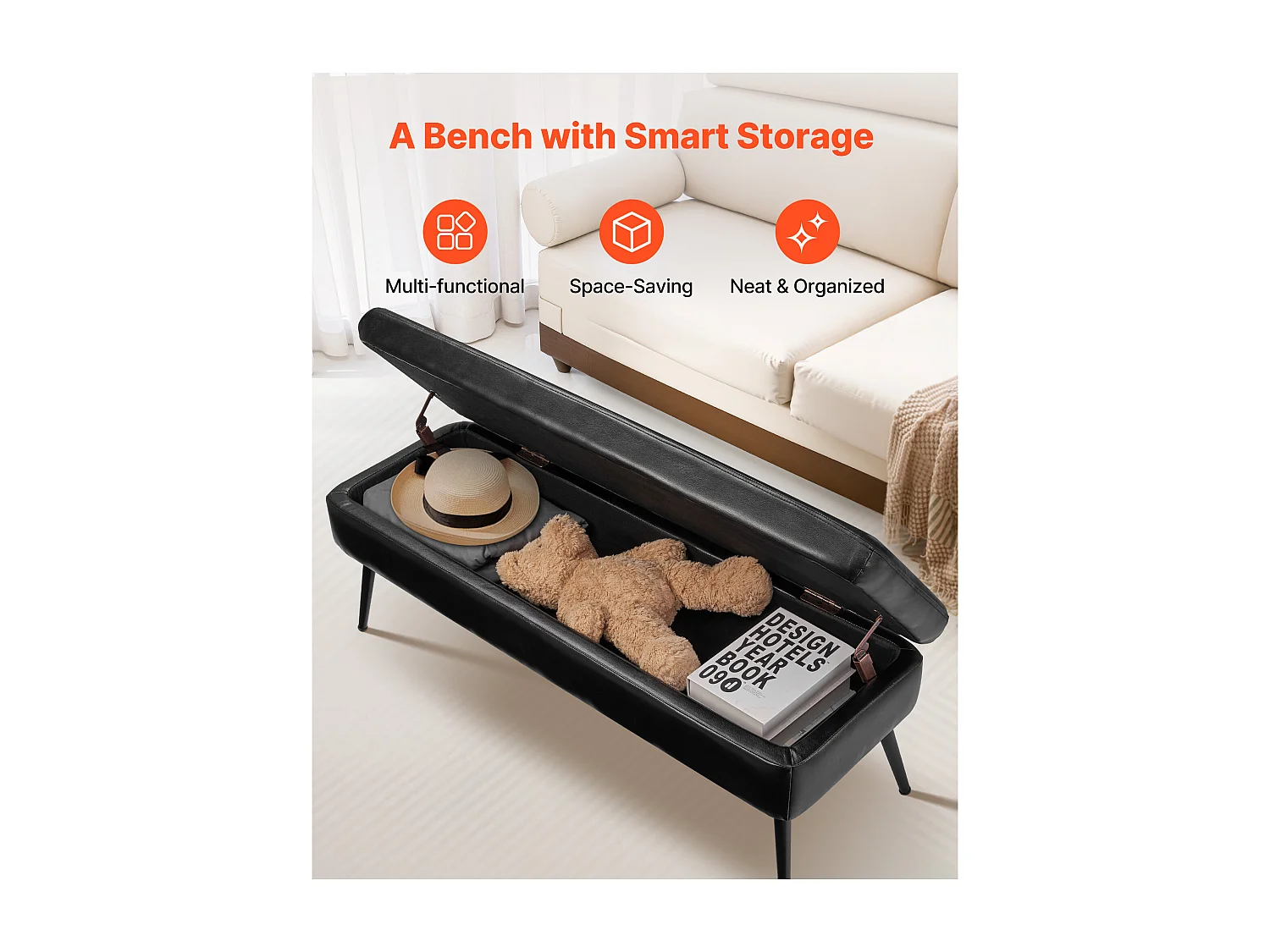 Banc Bout de Lit Succebuy Banc Coffre en Cuir PU de 120 cm avec Rangement et Pieds en Métal, Banquette Élégante pour Chambre, Entrée, Salon, Noir