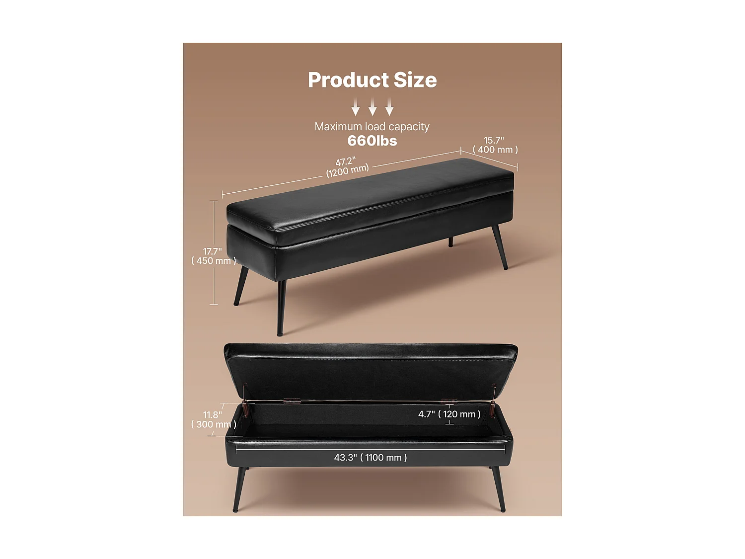 Banc Bout de Lit Succebuy Banc Coffre en Cuir PU de 120 cm avec Rangement et Pieds en Métal, Banquette Élégante pour Chambre, Entrée, Salon, Noir