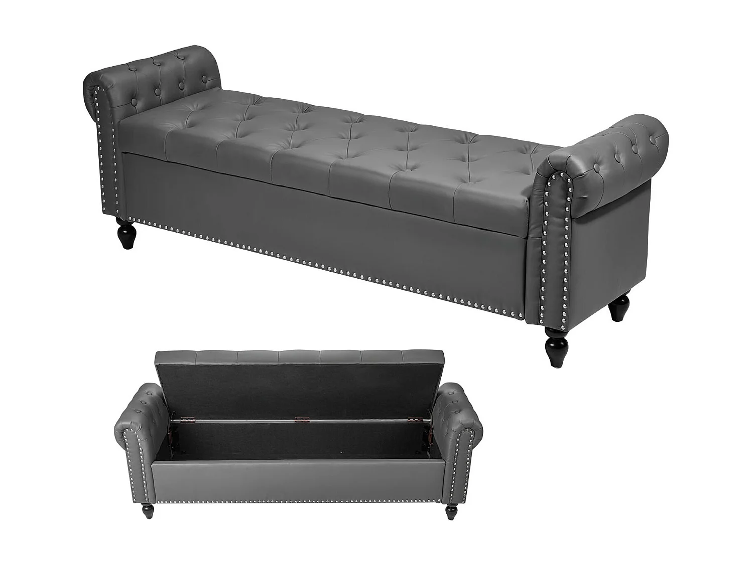 Bettbank Succebuy 166 cm PU-Leder-Sitztruhe mit Stauraum, Armlehnen und Holzbeinen, Gepolsterte Bank, Ideal für Schlafzimmer, Eingangsbereich, Wohnzimmer, Grau