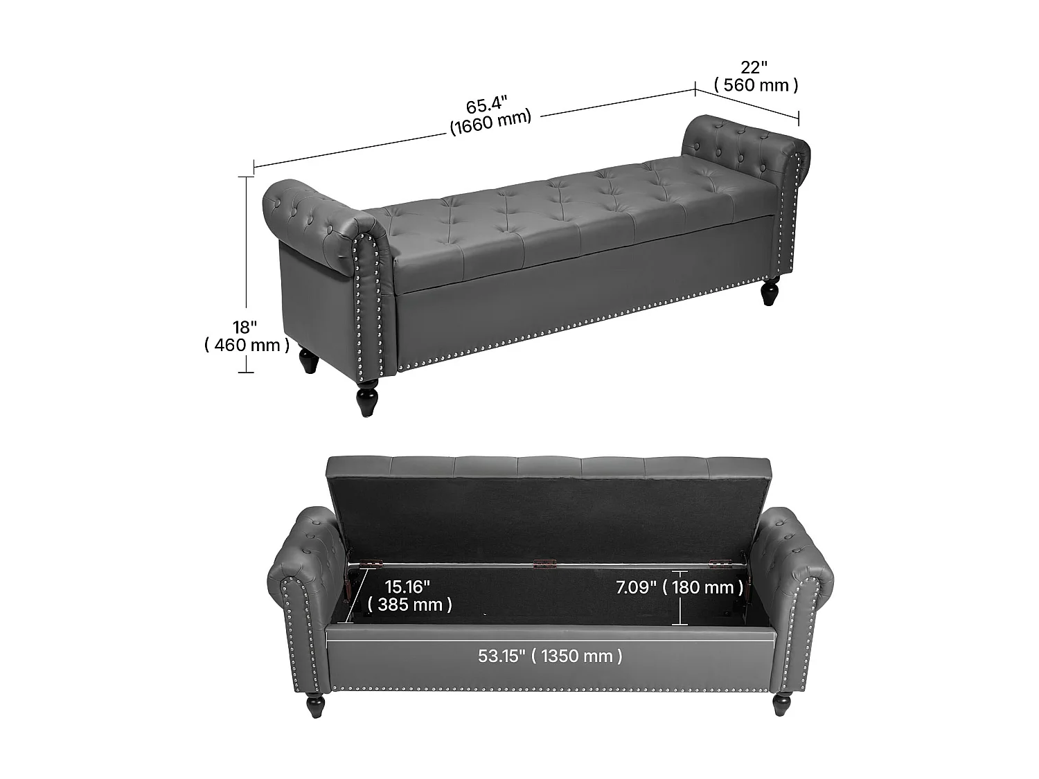Bettbank Succebuy 166 cm PU-Leder-Sitztruhe mit Stauraum, Armlehnen und Holzbeinen, Gepolsterte Bank, Ideal für Schlafzimmer, Eingangsbereich, Wohnzimmer, Grau