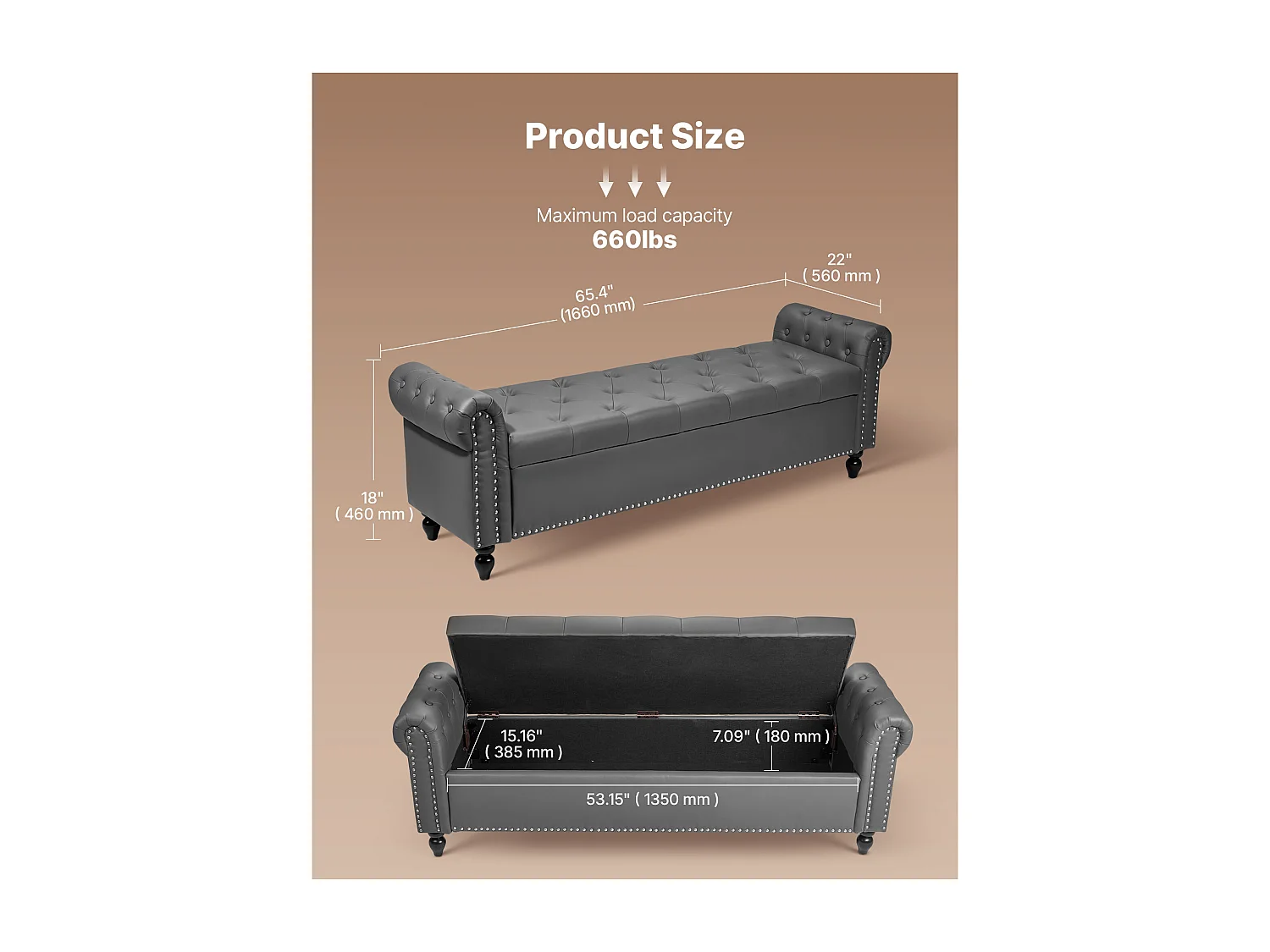 Bettbank Succebuy 166 cm PU-Leder-Sitztruhe mit Stauraum, Armlehnen und Holzbeinen, Gepolsterte Bank, Ideal für Schlafzimmer, Eingangsbereich, Wohnzimmer, Grau