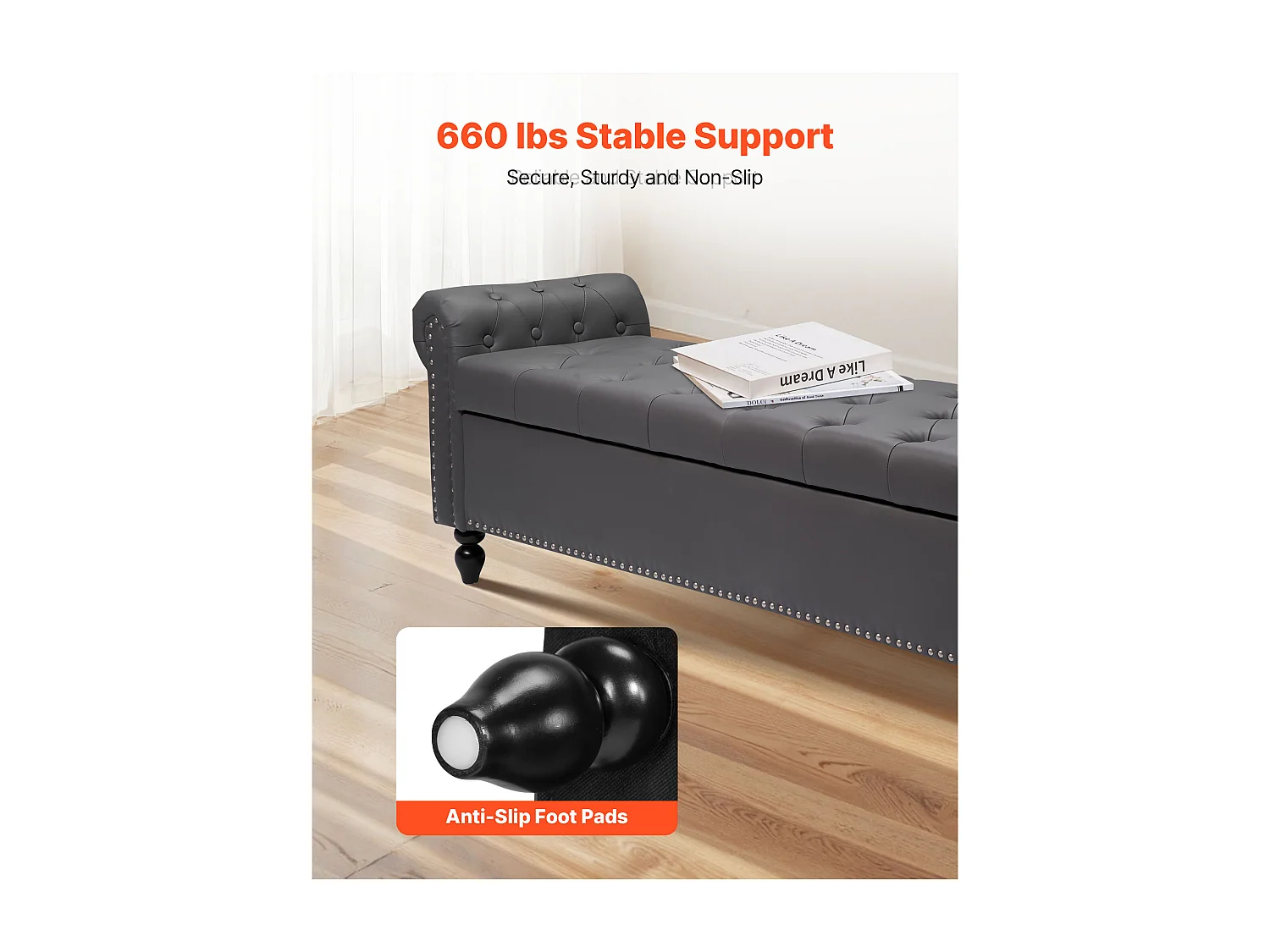 Bettbank Succebuy 166 cm PU-Leder-Sitztruhe mit Stauraum, Armlehnen und Holzbeinen, Gepolsterte Bank, Ideal für Schlafzimmer, Eingangsbereich, Wohnzimmer, Grau