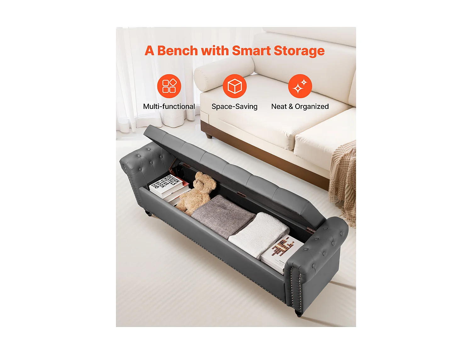Bettbank Succebuy 166 cm PU-Leder-Sitztruhe mit Stauraum, Armlehnen und Holzbeinen, Gepolsterte Bank, Ideal für Schlafzimmer, Eingangsbereich, Wohnzimmer, Grau