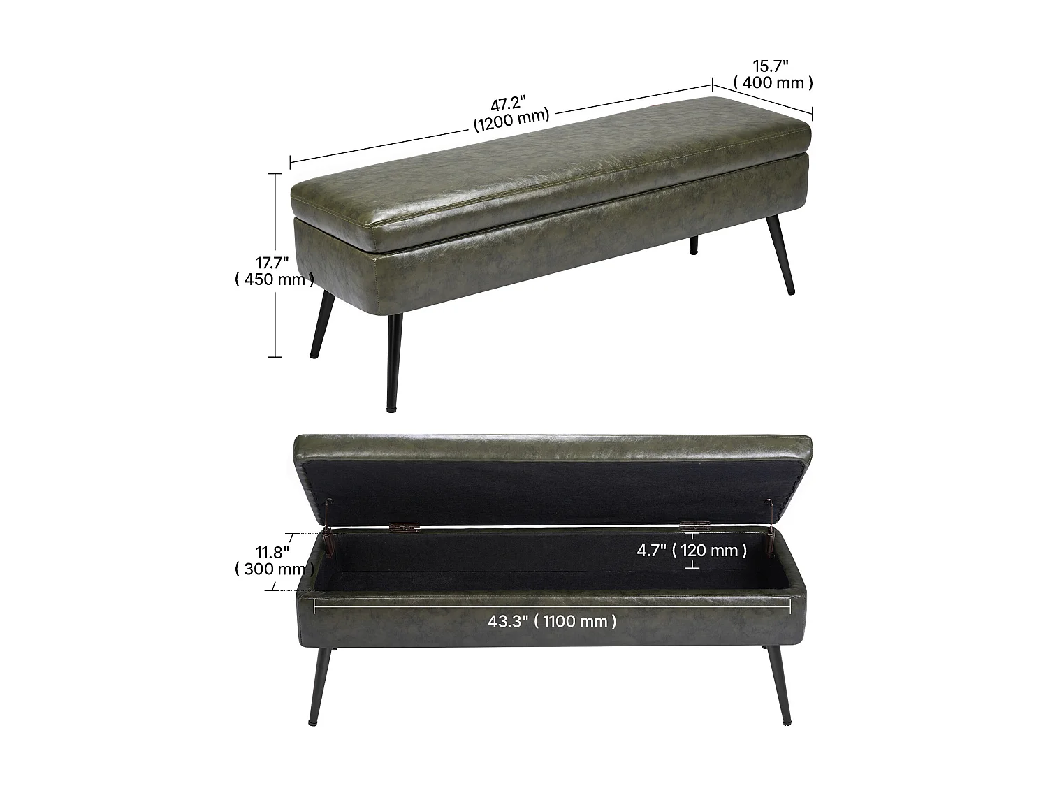 Bettbank Succebuy 120 cm PU-Leder-Sitztruhe mit Stauraum und Metallbeinen, Moderne Bank für Schlafzimmer, Eingangsbereich, Wohnzimmer, Esszimmer und Flur, Grün