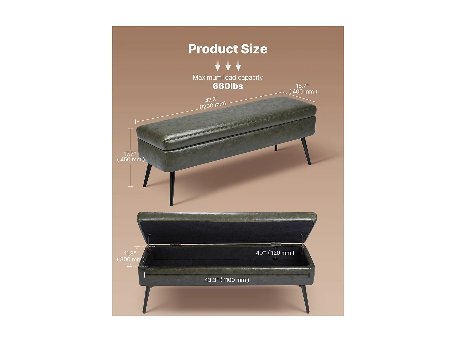 Bettbank Succebuy 120 cm PU-Leder-Sitztruhe mit Stauraum und Metallbeinen, Moderne Bank für Schlafzimmer, Eingangsbereich, Wohnzimmer, Esszimmer und Flur, Grün