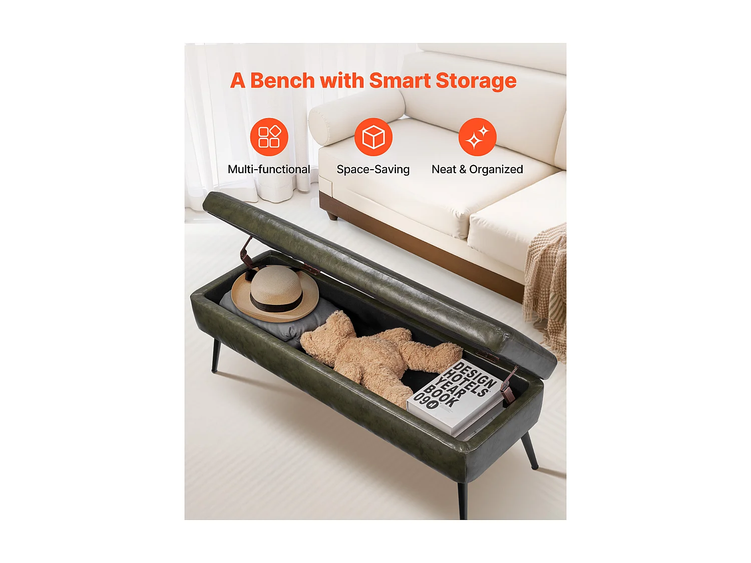 Bettbank Succebuy 120 cm PU-Leder-Sitztruhe mit Stauraum und Metallbeinen, Moderne Bank für Schlafzimmer, Eingangsbereich, Wohnzimmer, Esszimmer und Flur, Grün