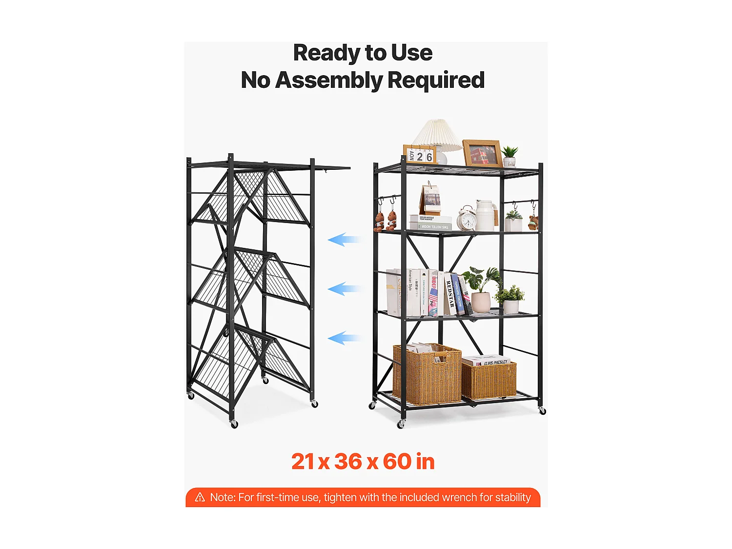 Klappbares Regal SucceBuy 4-stöckiges Klappregal, 91 x 53 x 152 cm, Stabler Metallrahmen, Statische Tragkraft von 340 kg und Dynamische Tragkraft von 90,7 kg