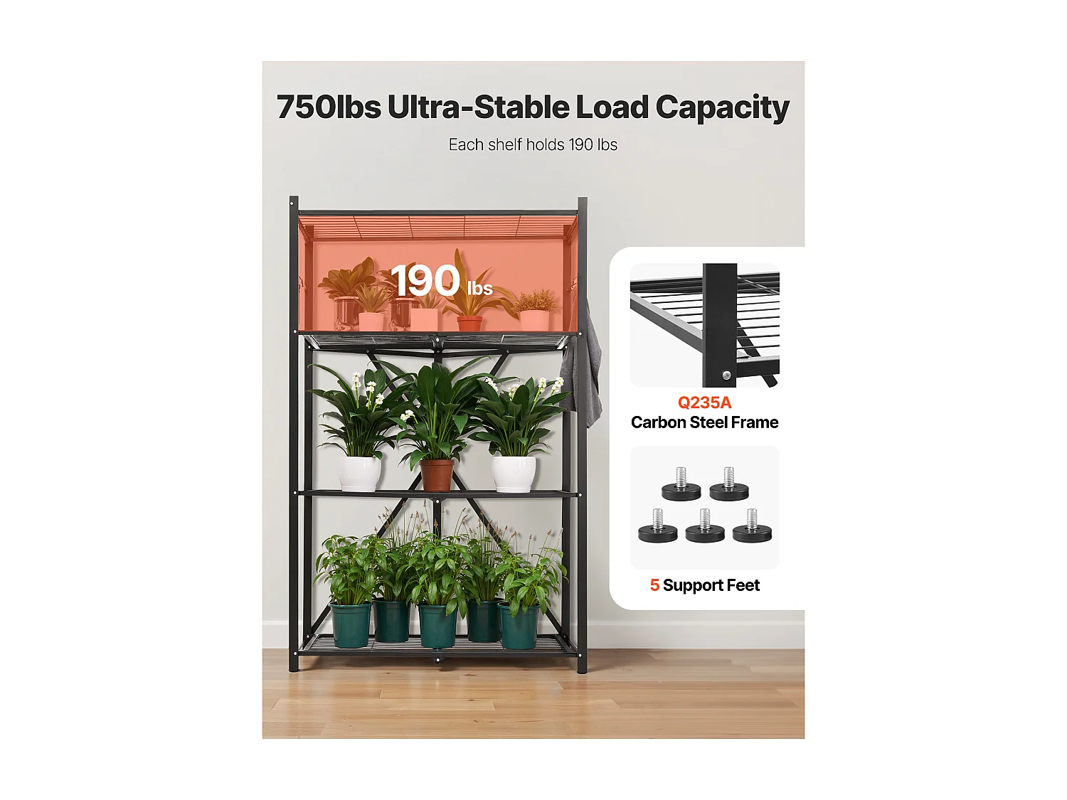 Klappbares Regal SucceBuy 4-stöckiges Klappregal, 91 x 53 x 152 cm, Stabler Metallrahmen, Statische Tragkraft von 340 kg und Dynamische Tragkraft von 90,7 kg