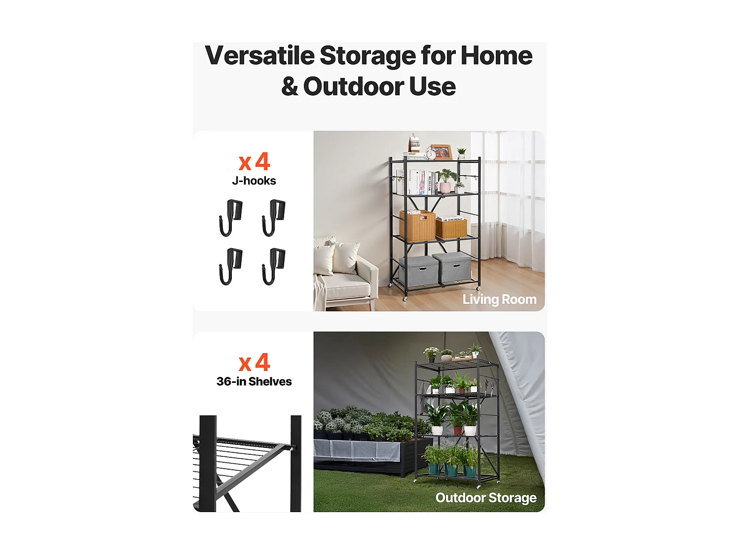 Klappbares Regal SucceBuy 4-stöckiges Klappregal, 91 x 53 x 152 cm, Stabler Metallrahmen, Statische Tragkraft von 340 kg und Dynamische Tragkraft von 90,7 kg