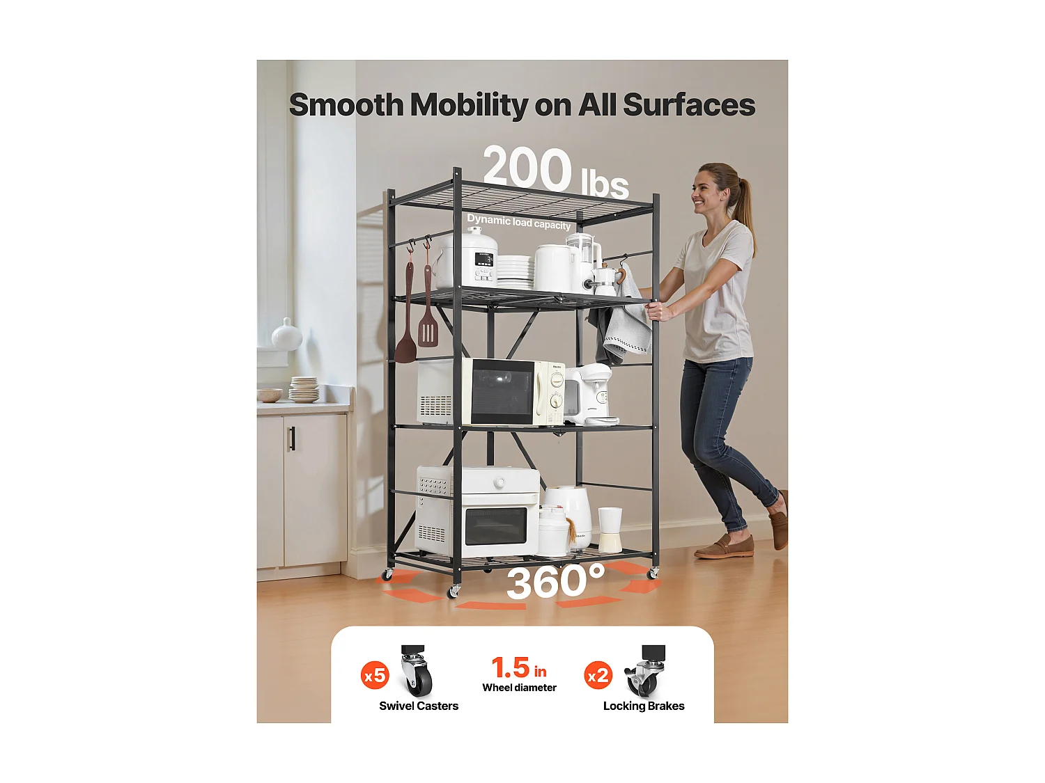Estante Plegable SucceBuy Estantería Plegable Móvil de 4 Niveles, 91 x 53 x 152 cm, Estructura Metálica Robusta, Capacidad Estática de 340 kg y Dinámica de 90,7 kg