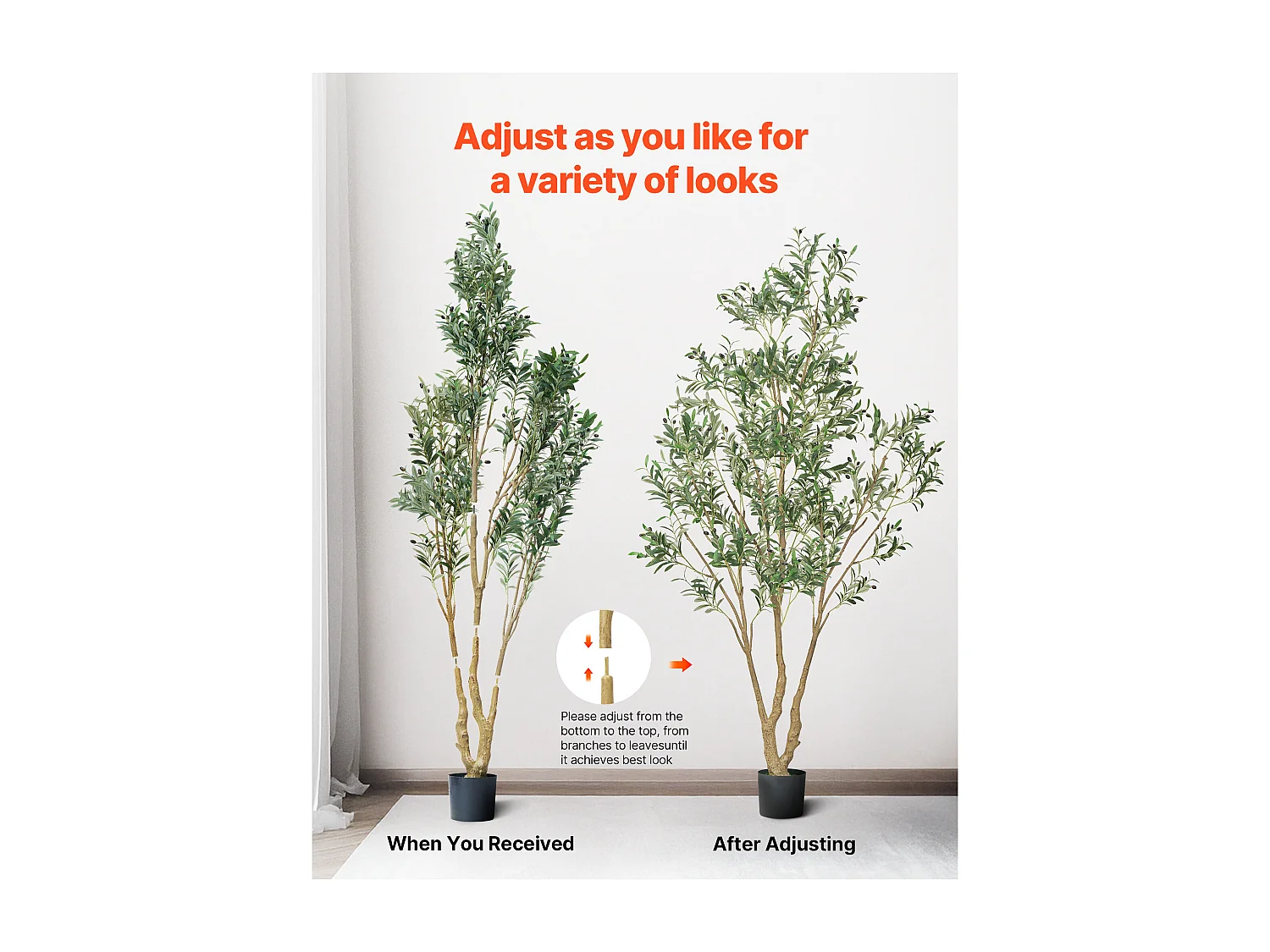 Arbres Artificiel SucceBuy Arbre Artificiel 240 cm, Plante Décorative en PE avec Pot Noir, Tronc et Feuillage Réalistes, Faux Olivier pour Bureau, Salon