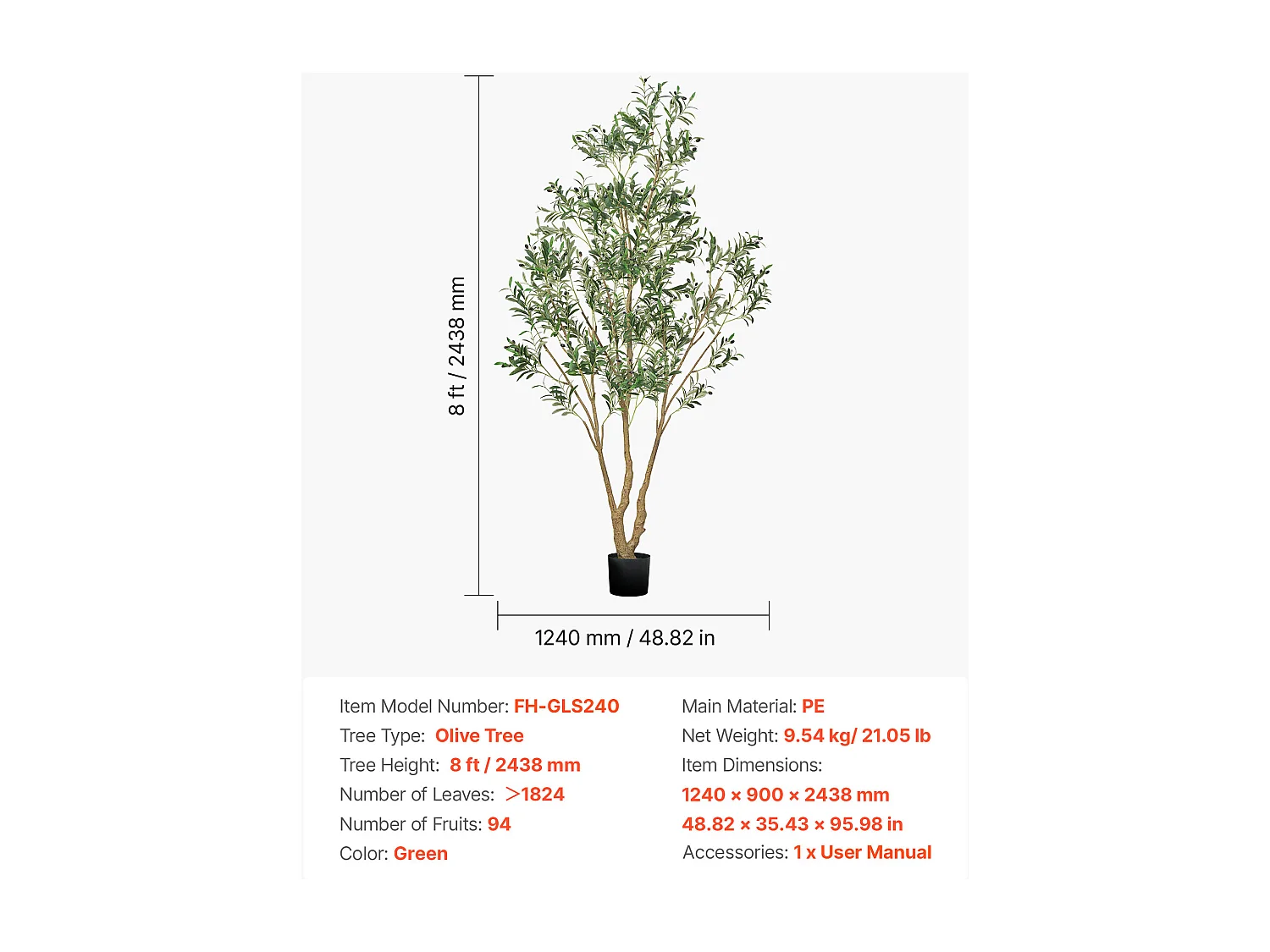 Kunstmatige Bomen SucceBuy 240 cm Kunstboom, Decoratieve PE Plant met Zwarte Pot, Realistische Stam en Bladeren, Kunstolijfboom voor Kantoor, Woonkamer