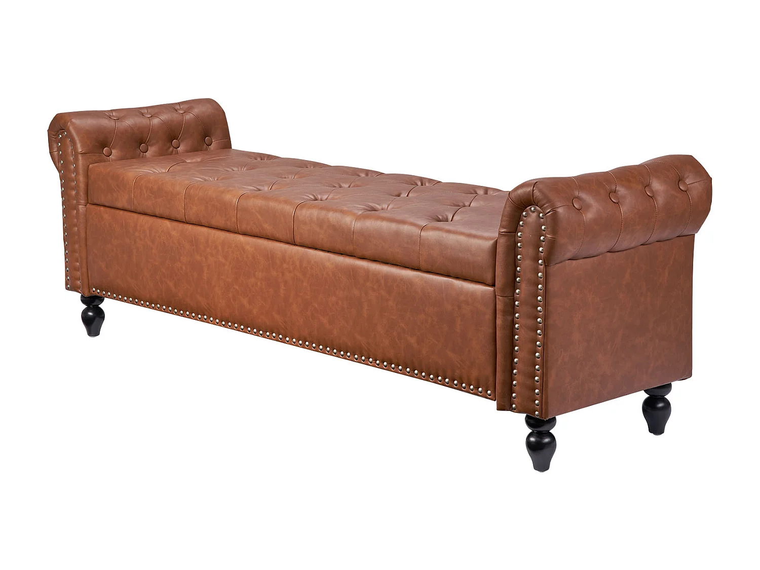 Ławka na Koniec Łóżka Succebuy Ławka ze Skóry PU, 166 cm, ze Schowkiem, z Podłokietnikami i Drewnianymi Nogami, Elegancka Tapicerowana Ławka do Sypialni, Brązowa