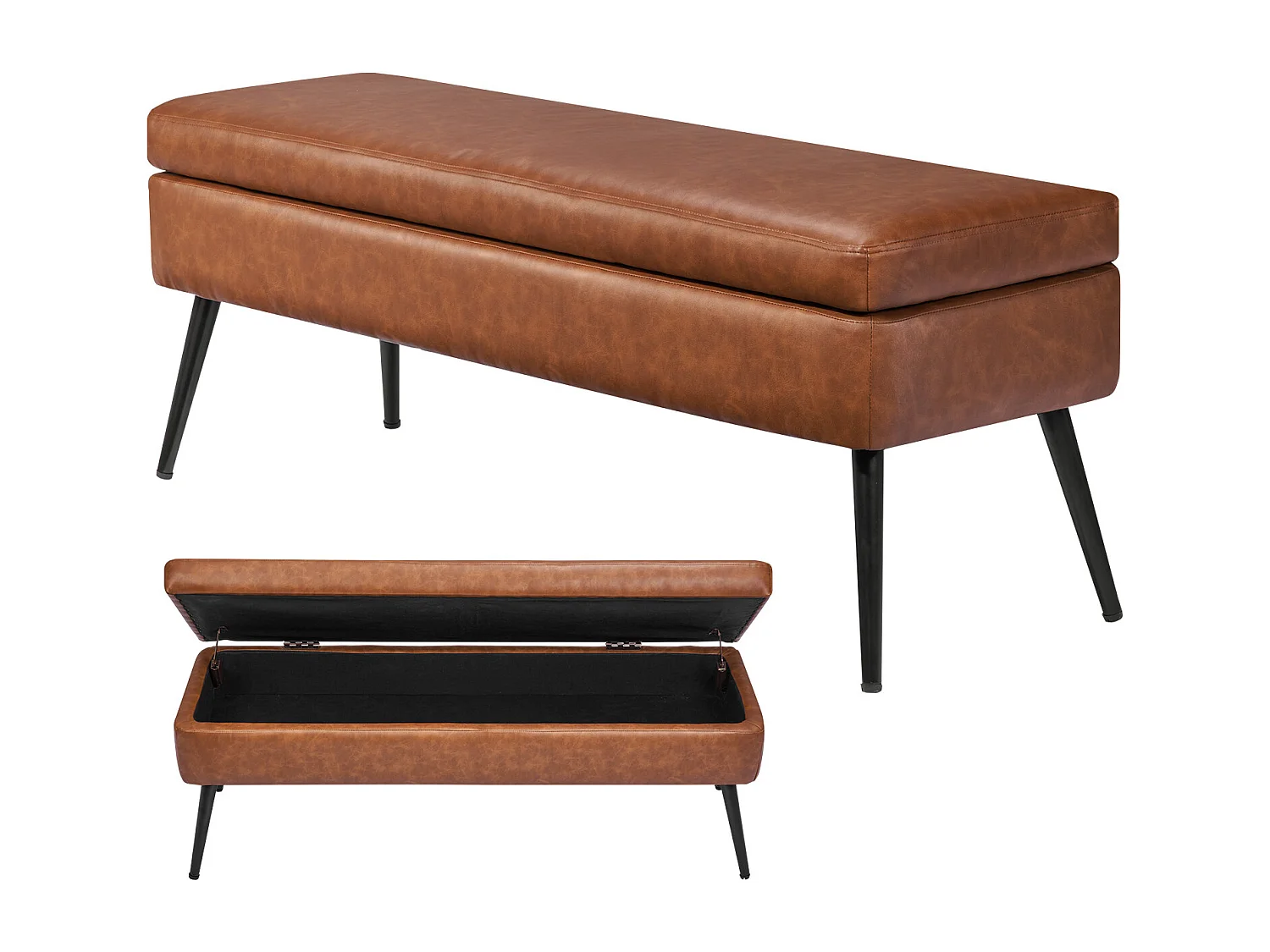 Ławka na Koniec Łóżka Succebuy Ławka ze Schowkiem ze Skóry PU 120 cm z Metalowymi Nogami, Elegancka i Funkcjonalna Ławka do Sypialni, Przedpokoju, Brązowa