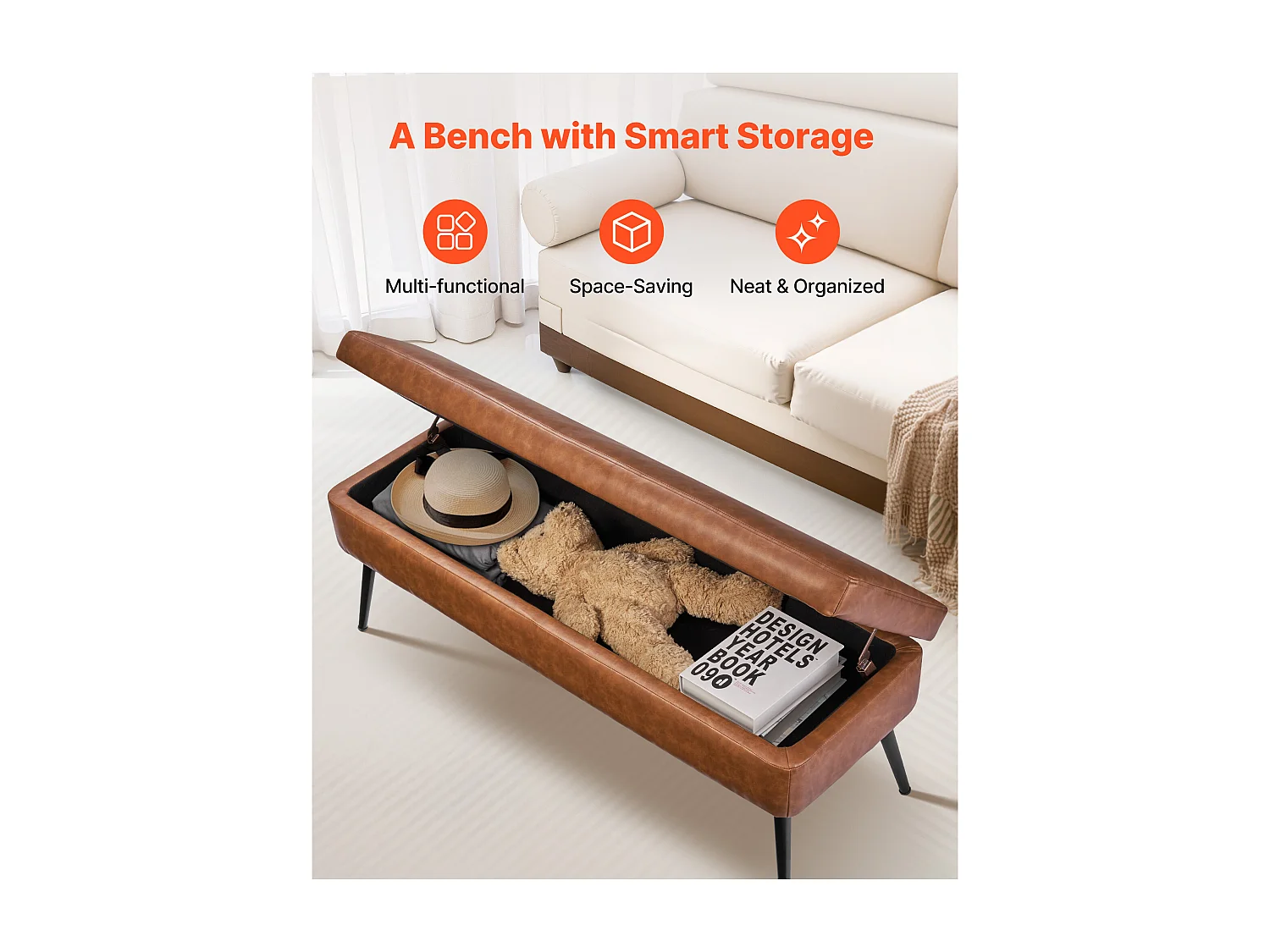 Ławka na Koniec Łóżka Succebuy Ławka ze Schowkiem ze Skóry PU 120 cm z Metalowymi Nogami, Elegancka i Funkcjonalna Ławka do Sypialni, Przedpokoju, Brązowa