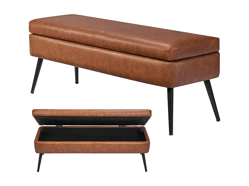 Ławka na Koniec Łóżka Succebuy Ławka ze Schowkiem ze Skóry PU 120 cm z Metalowymi Nogami, Elegancka i Funkcjonalna Ławka do Sypialni, Przedpokoju, Brązowa