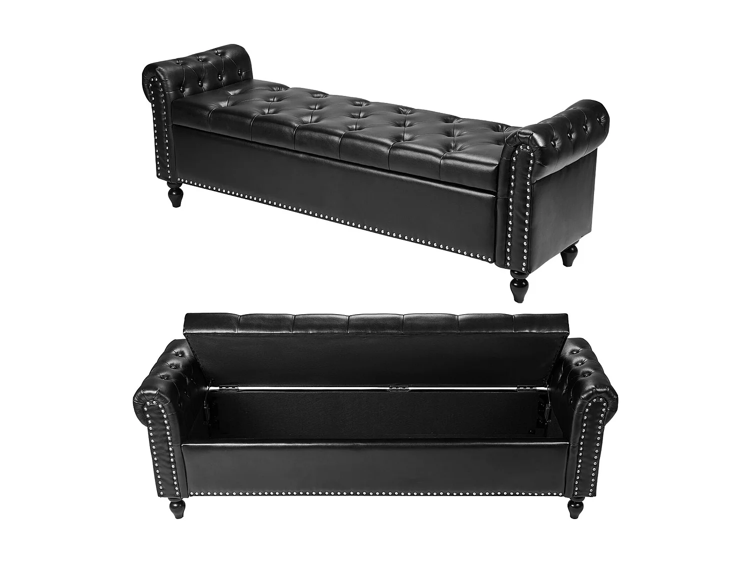 Banco de Cabecera Succebuy Banco de Almacenamiento de Cuero Sintético de 166 cm, a Pie de Cama con Espacio de Almacenamiento, Reposabrazos y Patas de Madera, Negro