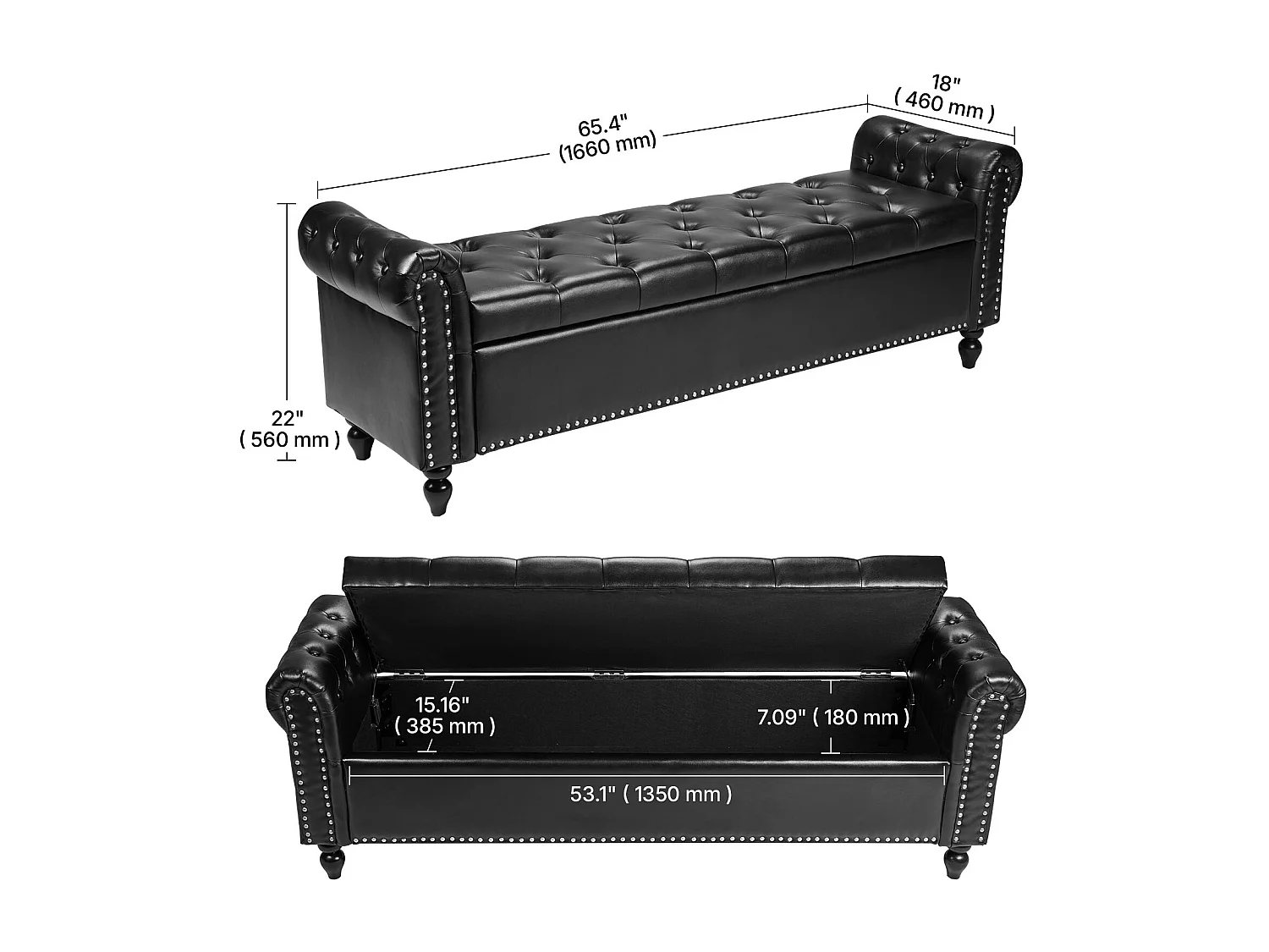 Banco de Cabecera Succebuy Banco de Almacenamiento de Cuero Sintético de 166 cm, a Pie de Cama con Espacio de Almacenamiento, Reposabrazos y Patas de Madera, Negro