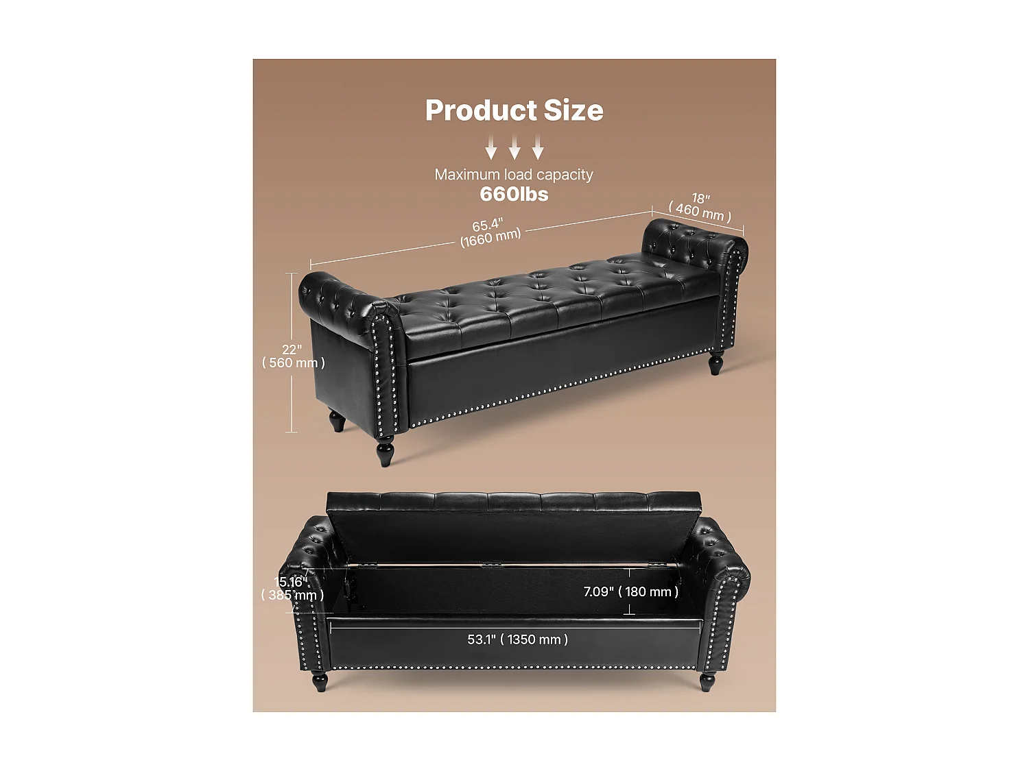 Banco de Cabecera Succebuy Banco de Almacenamiento de Cuero Sintético de 166 cm, a Pie de Cama con Espacio de Almacenamiento, Reposabrazos y Patas de Madera, Negro