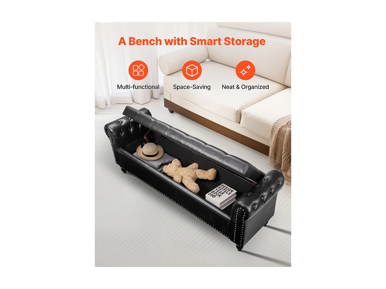 Banco de Cabecera Succebuy Banco de Almacenamiento de Cuero Sintético de 166 cm, a Pie de Cama con Espacio de Almacenamiento, Reposabrazos y Patas de Madera, Negro