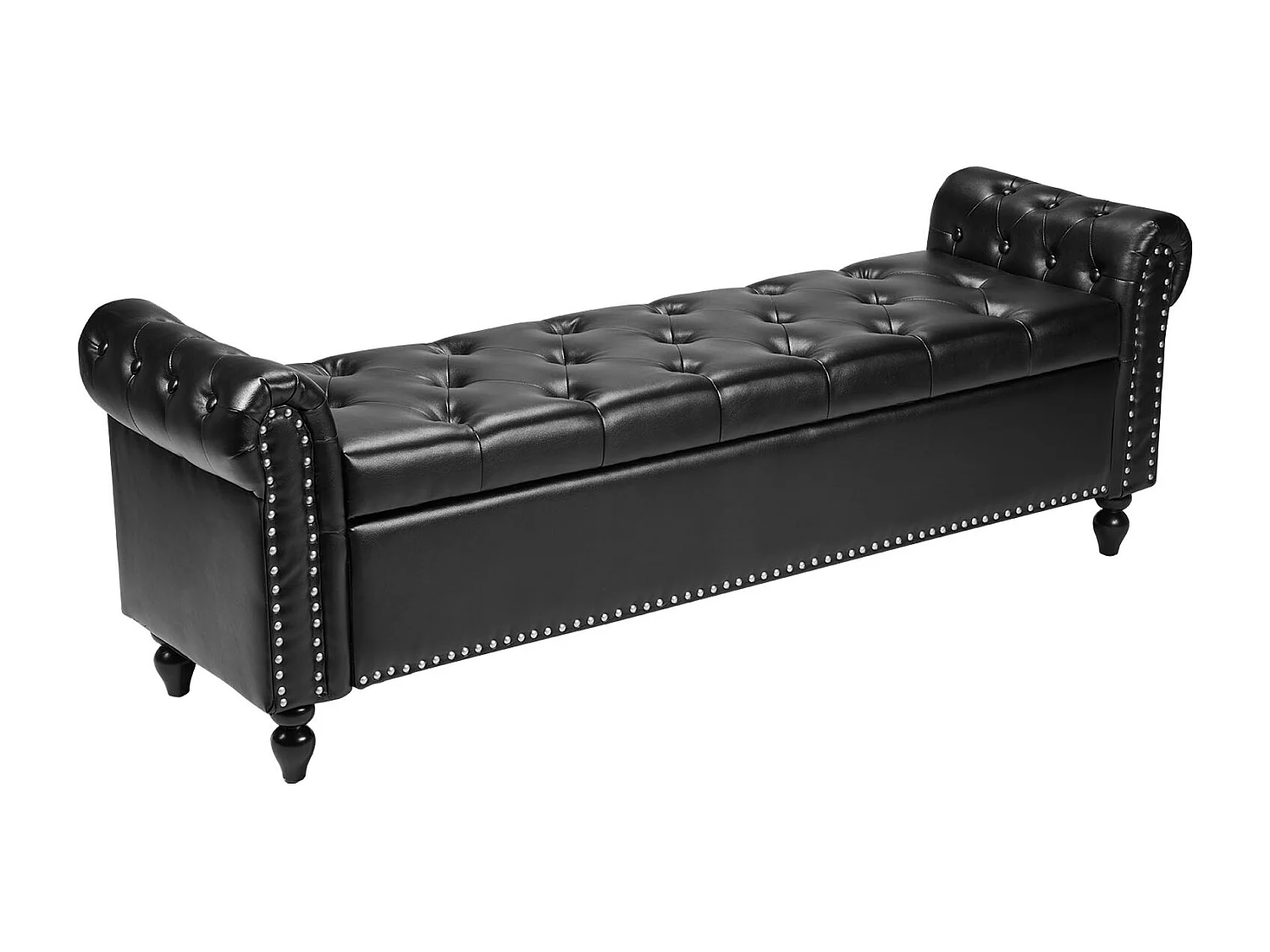 Banco de Cabecera Succebuy Banco de Almacenamiento de Cuero Sintético de 166 cm, a Pie de Cama con Espacio de Almacenamiento, Reposabrazos y Patas de Madera, Negro