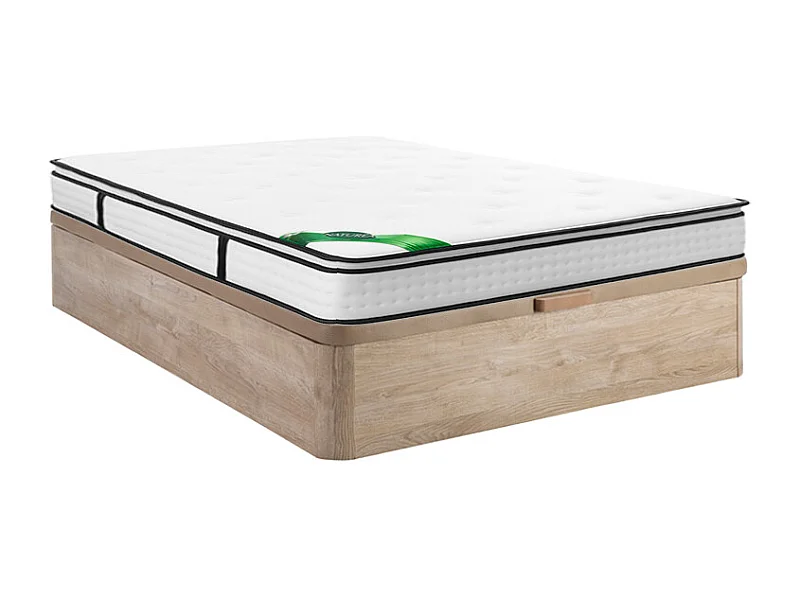 Ensemble 140 x 190 cm sommier coffre naturel clair + matelas ressorts ensachés 7 zones surmatelas intégré et coutil bambou ép.26cm - MIREZA de NATUREA